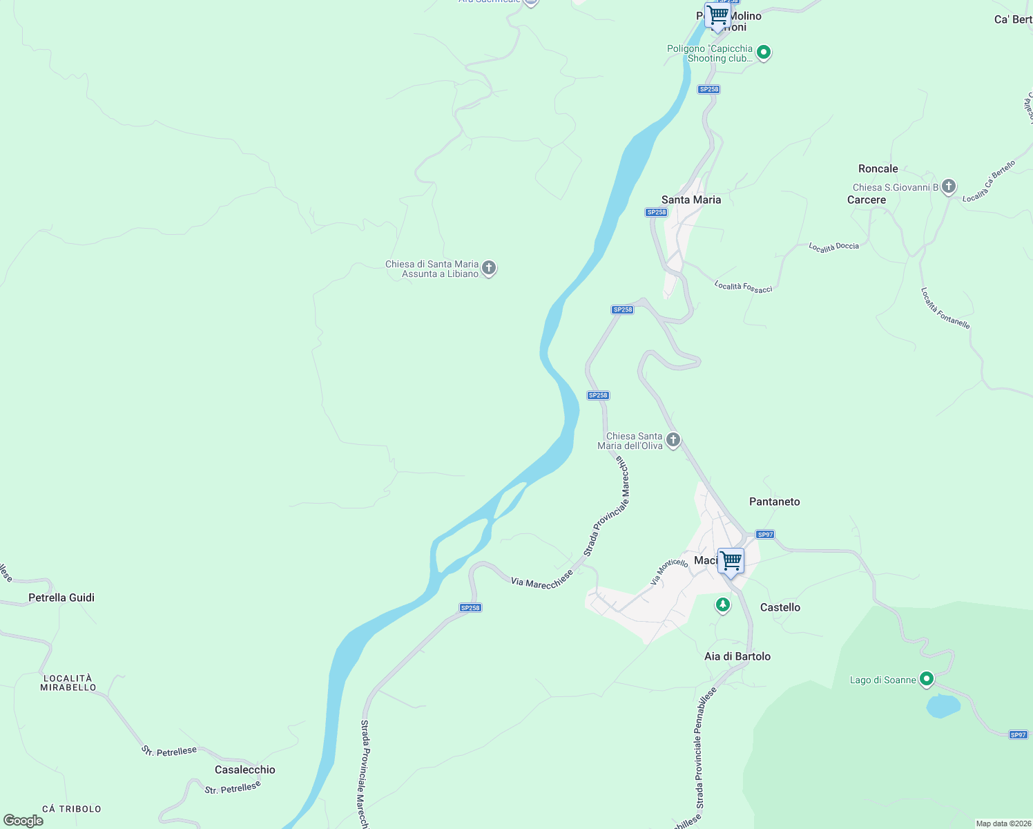 map of restaurants, bars, coffee shops, grocery stores, and more near 2 SP258 in Provincia di Rimini