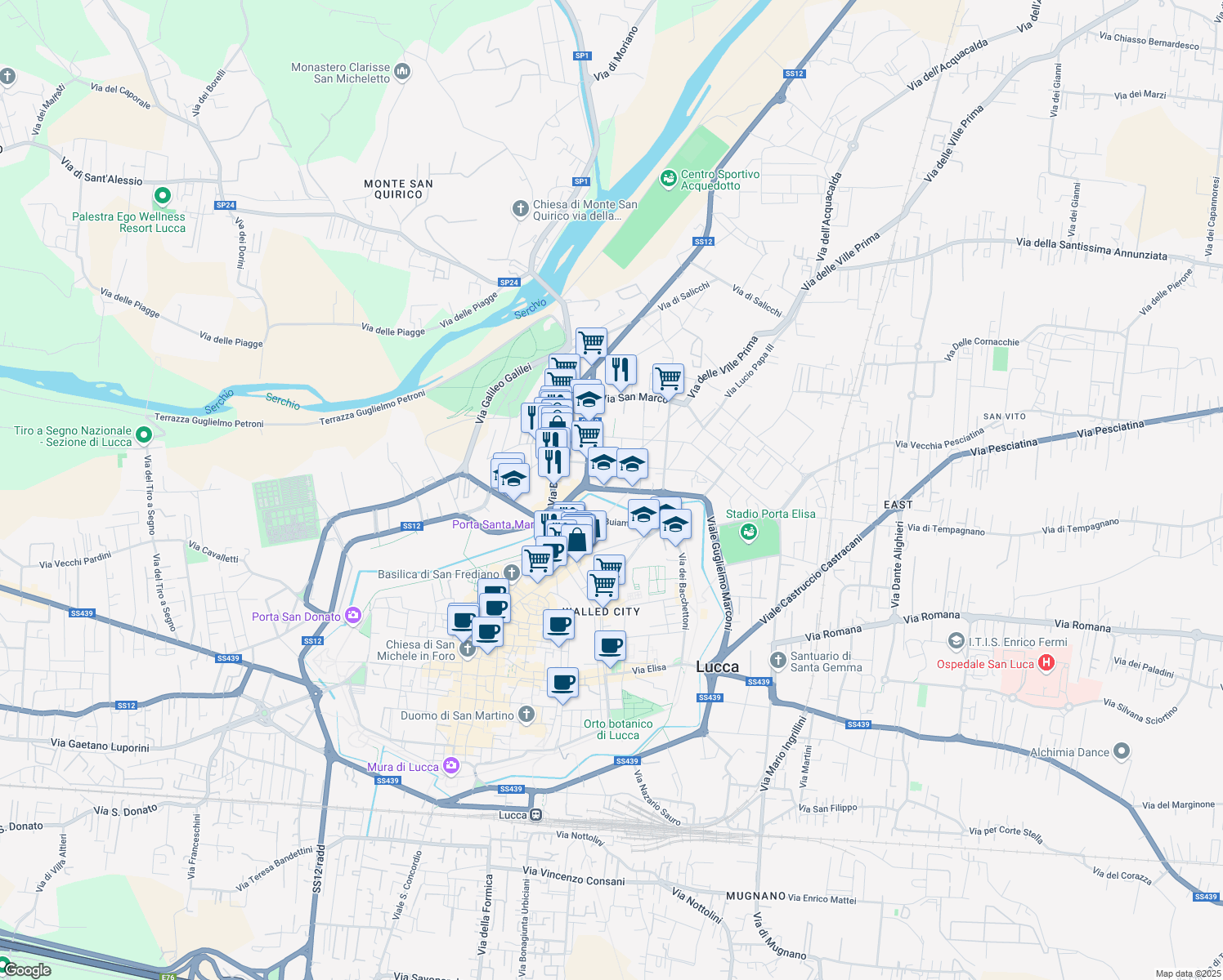 map of restaurants, bars, coffee shops, grocery stores, and more near Via Vecchia San Marco in Lucca