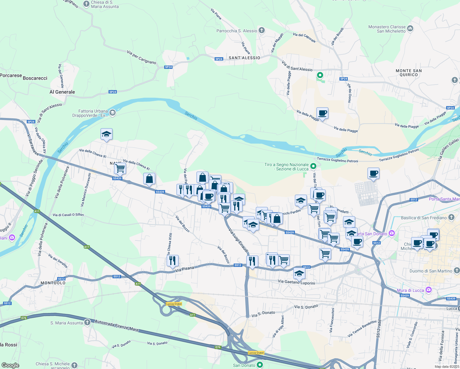 map of restaurants, bars, coffee shops, grocery stores, and more near Via del Poggetto in Lucca