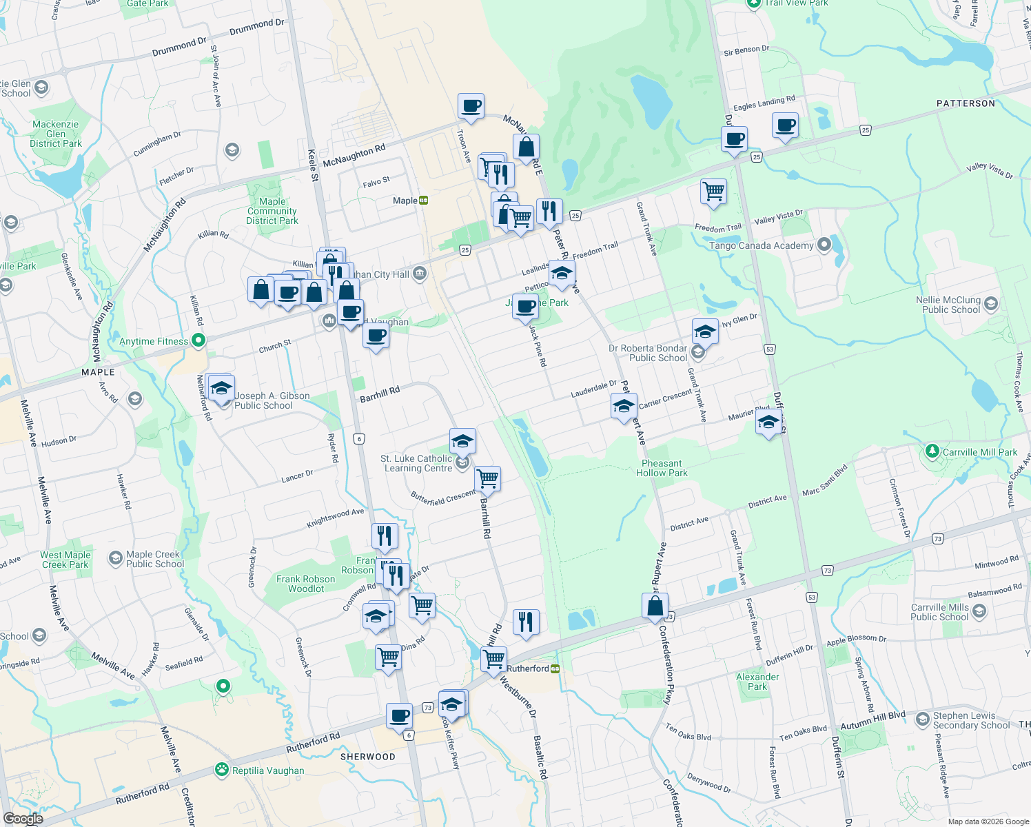map of restaurants, bars, coffee shops, grocery stores, and more near 281 Lauderdale Drive in Vaughan