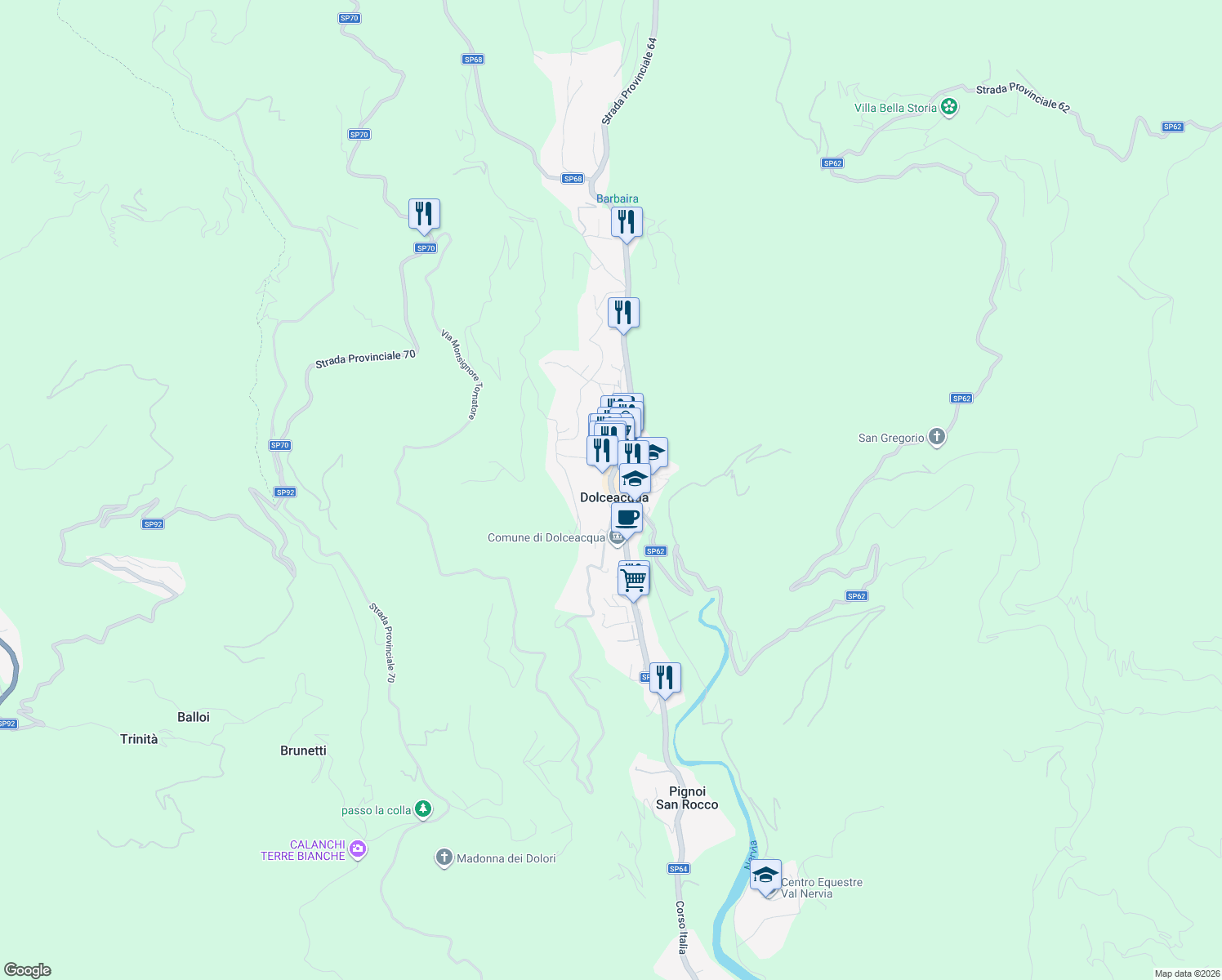 map of restaurants, bars, coffee shops, grocery stores, and more near 11 Via Roma in Dolceacqua