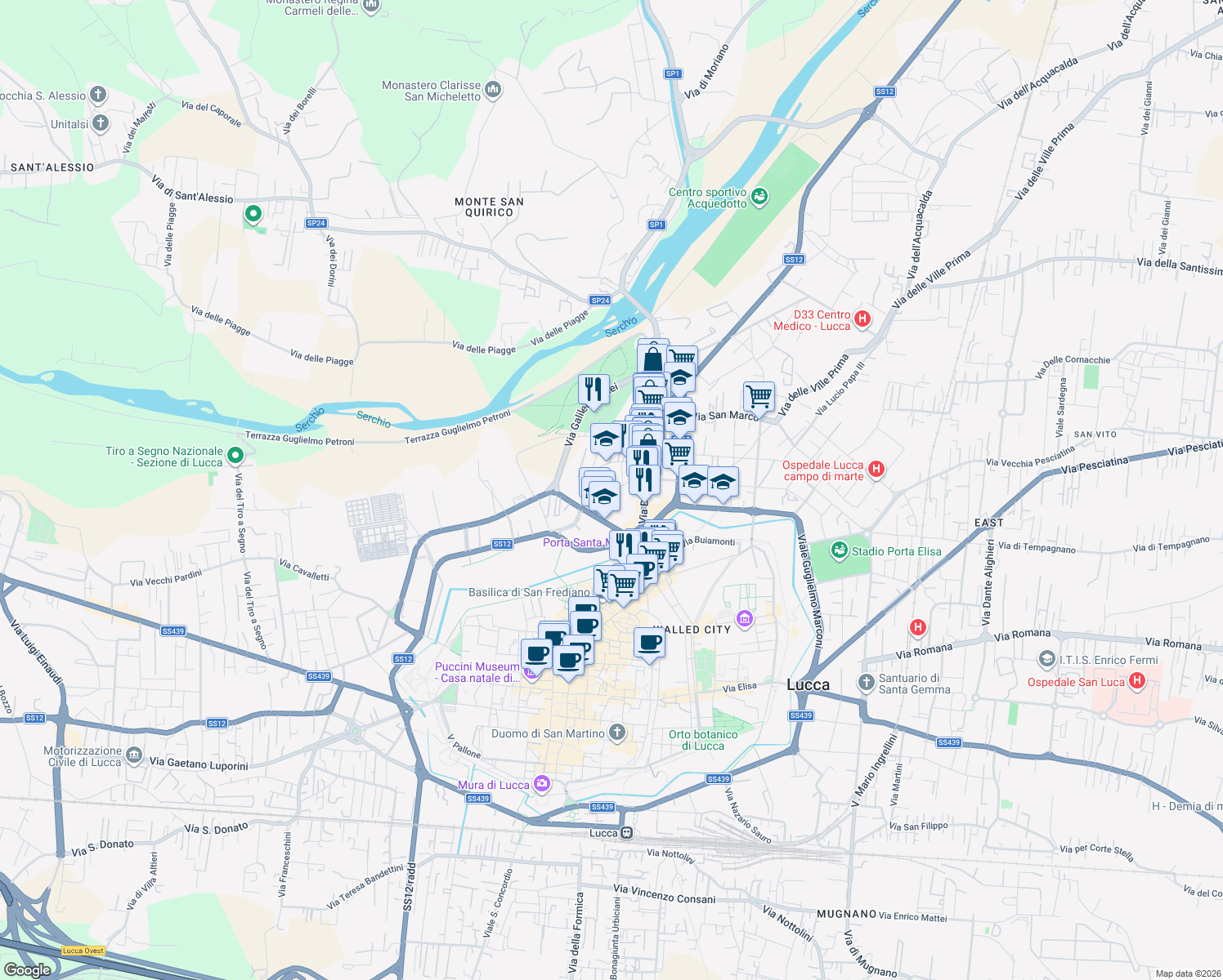 map of restaurants, bars, coffee shops, grocery stores, and more near 664 Via delle Tagliate Iii in Lucca