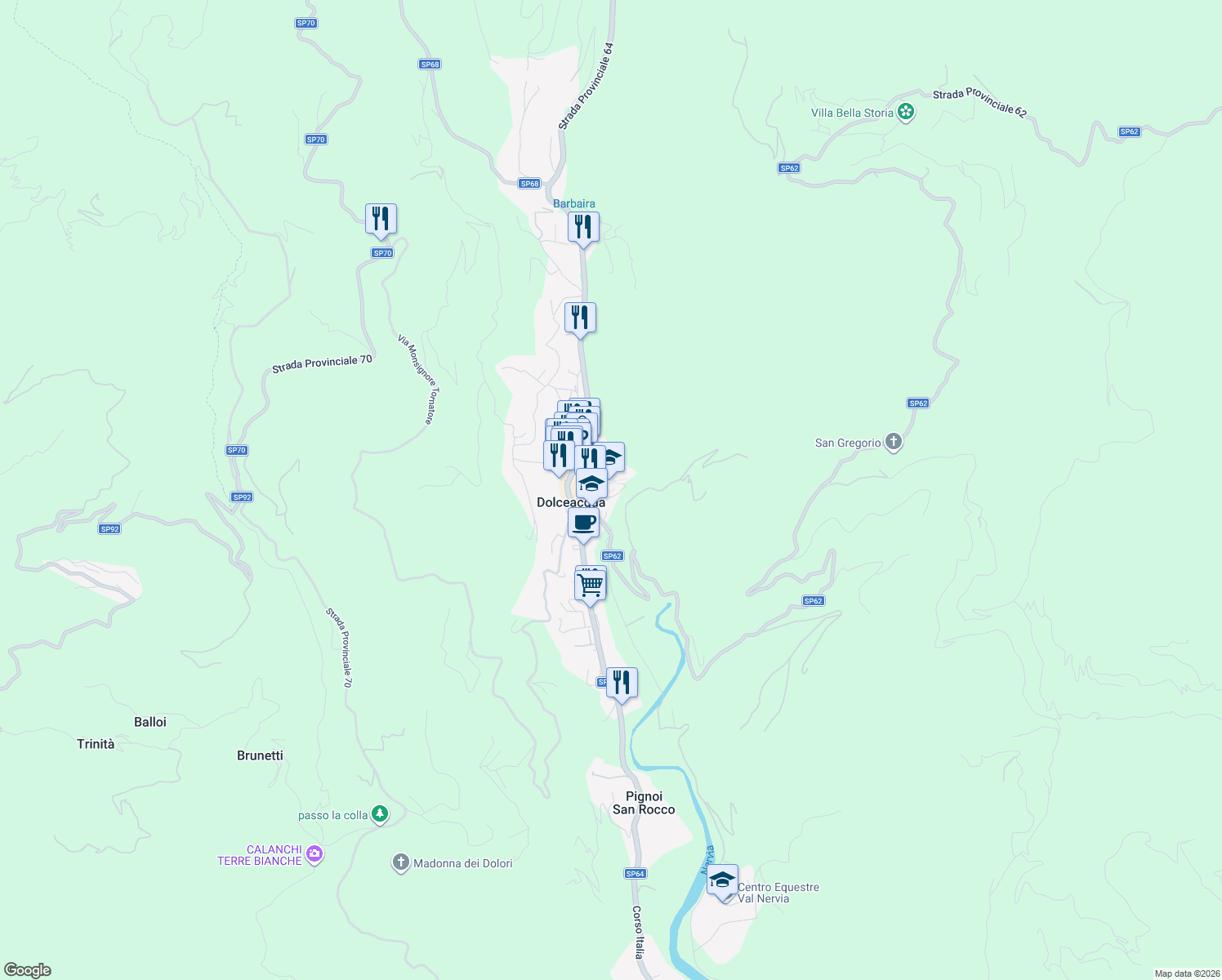 map of restaurants, bars, coffee shops, grocery stores, and more near 84 Via Castello in Dolceacqua