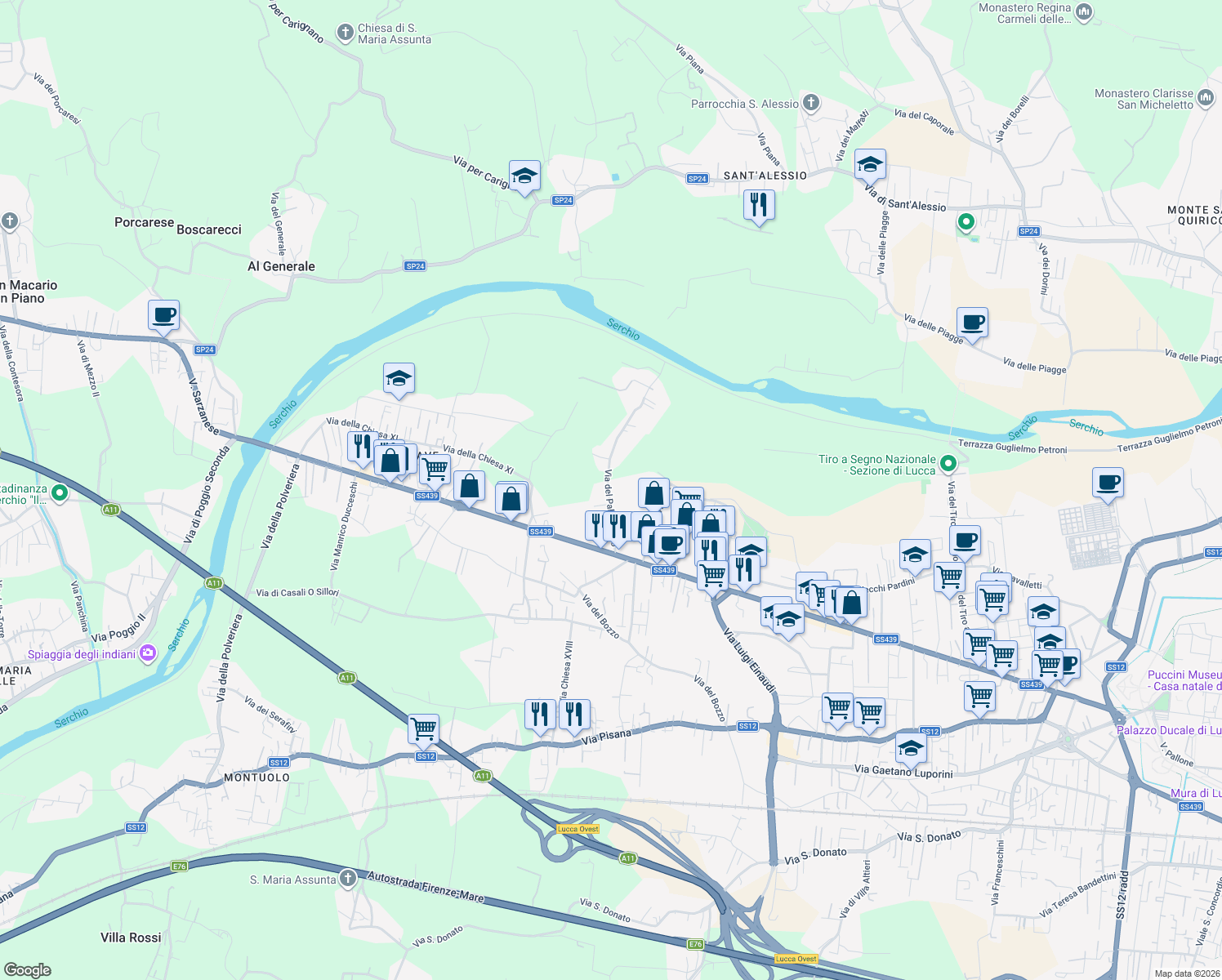 map of restaurants, bars, coffee shops, grocery stores, and more near 266 Via del Palazzaccio in Lucca