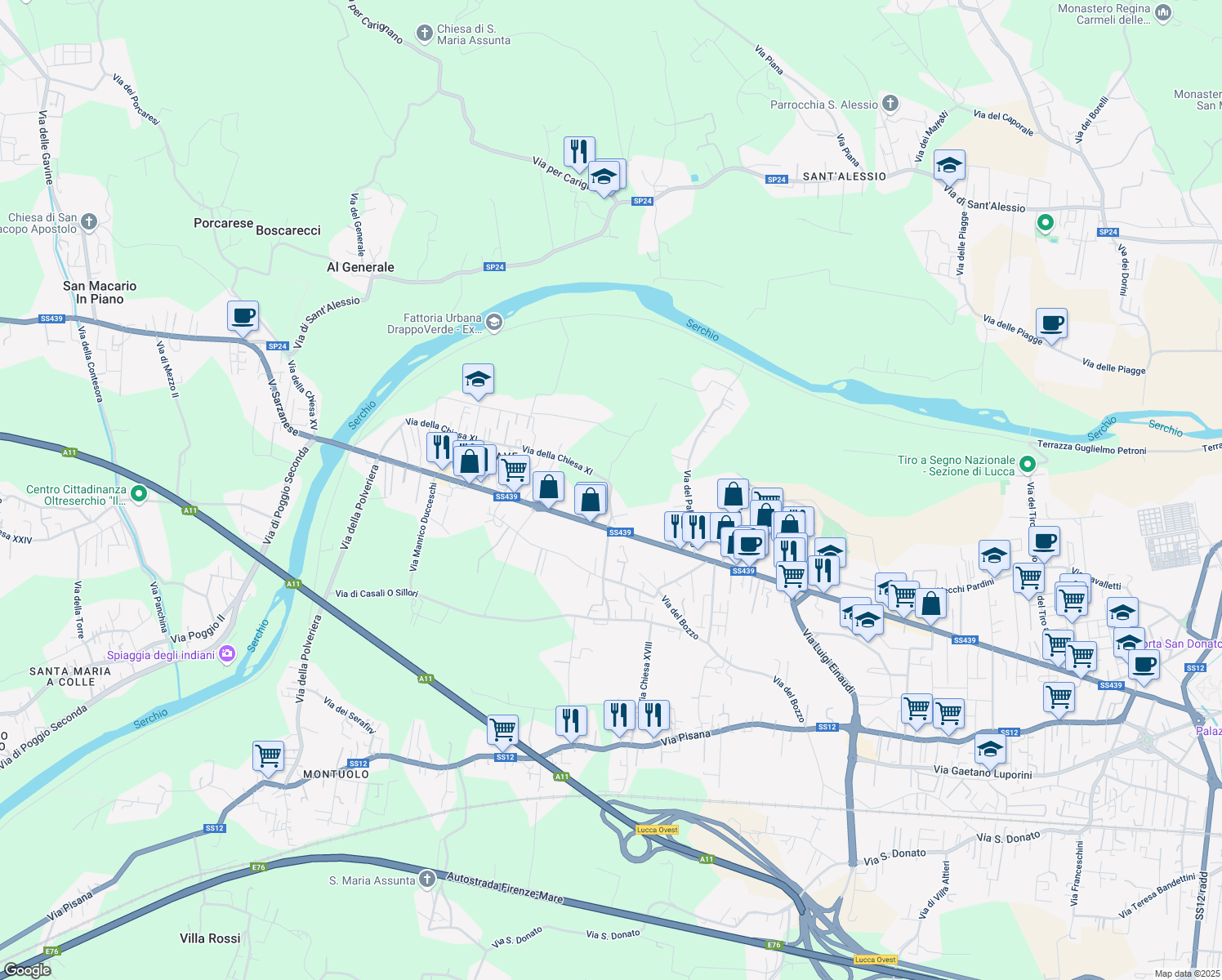 map of restaurants, bars, coffee shops, grocery stores, and more near in Lucca