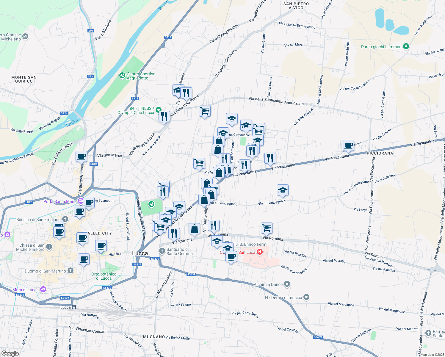 map of restaurants, bars, coffee shops, grocery stores, and more near 589 Via Vecchia Pesciatina in Lucca