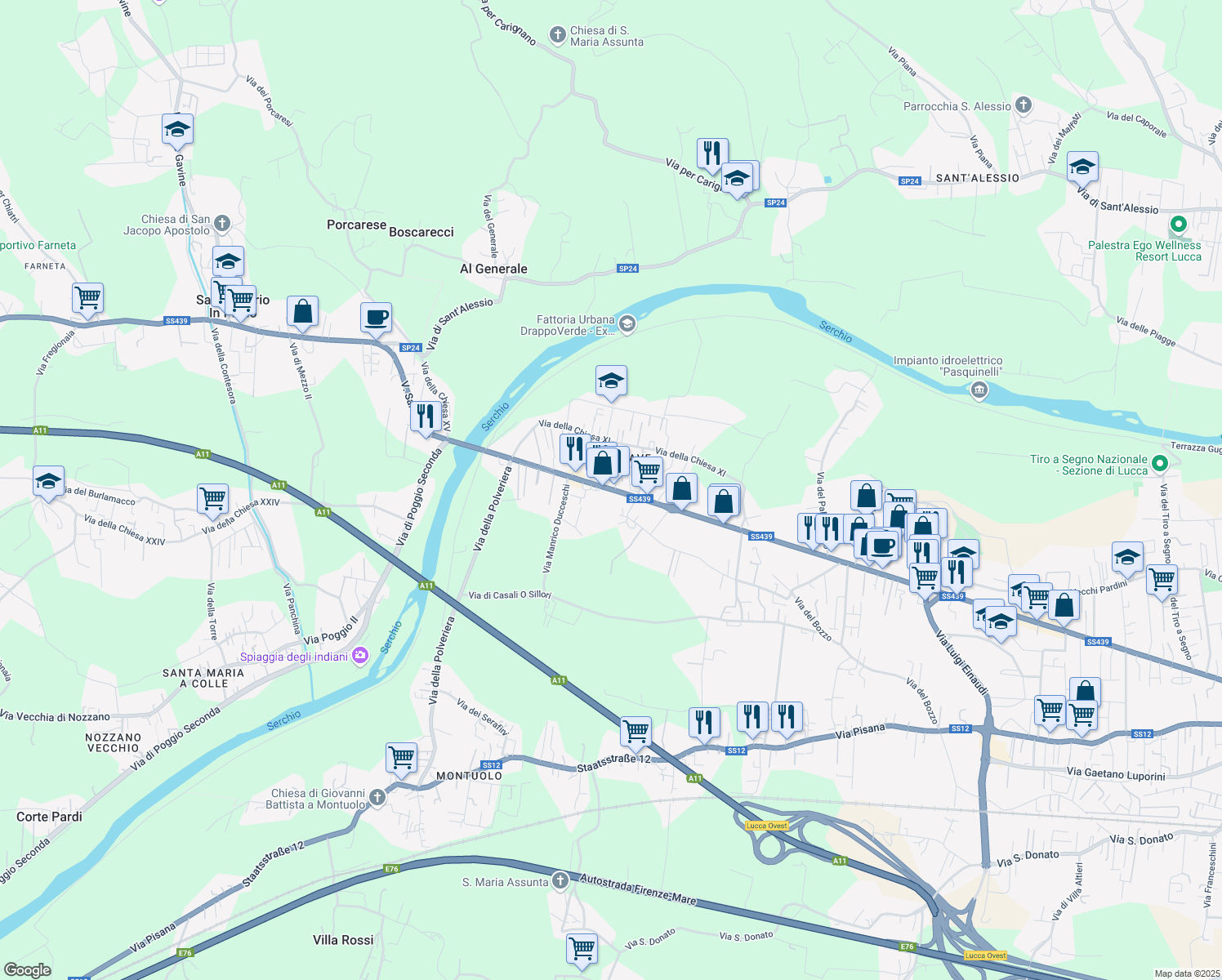 map of restaurants, bars, coffee shops, grocery stores, and more near 1008 Via Sarzanese in Lucca