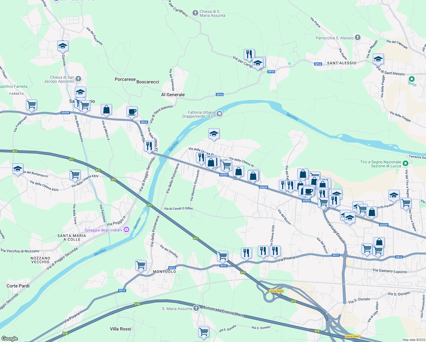map of restaurants, bars, coffee shops, grocery stores, and more near 1008 Via Sarzanese in Lucca