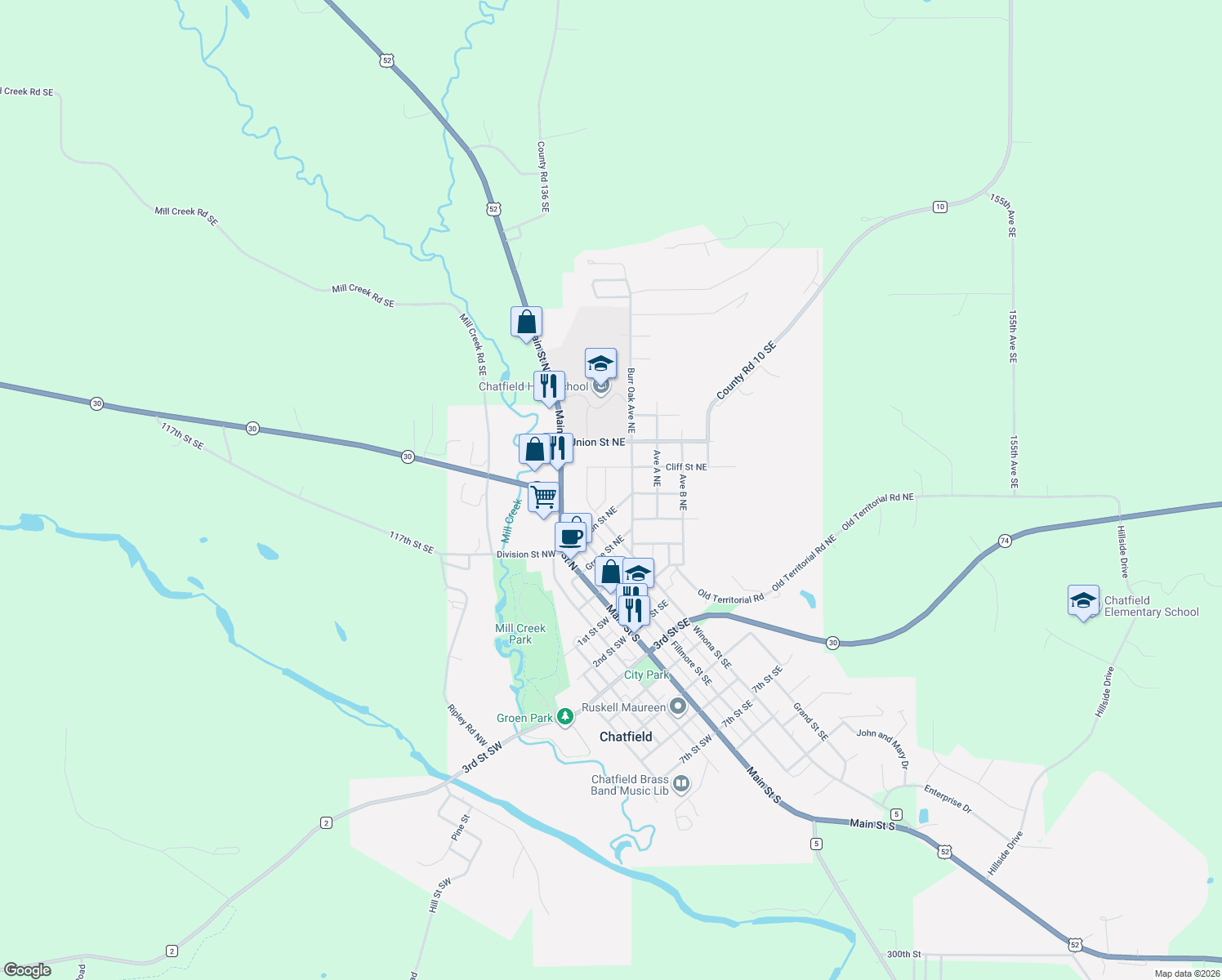 map of restaurants, bars, coffee shops, grocery stores, and more near 236 Harwood Ave NE in Chatfield