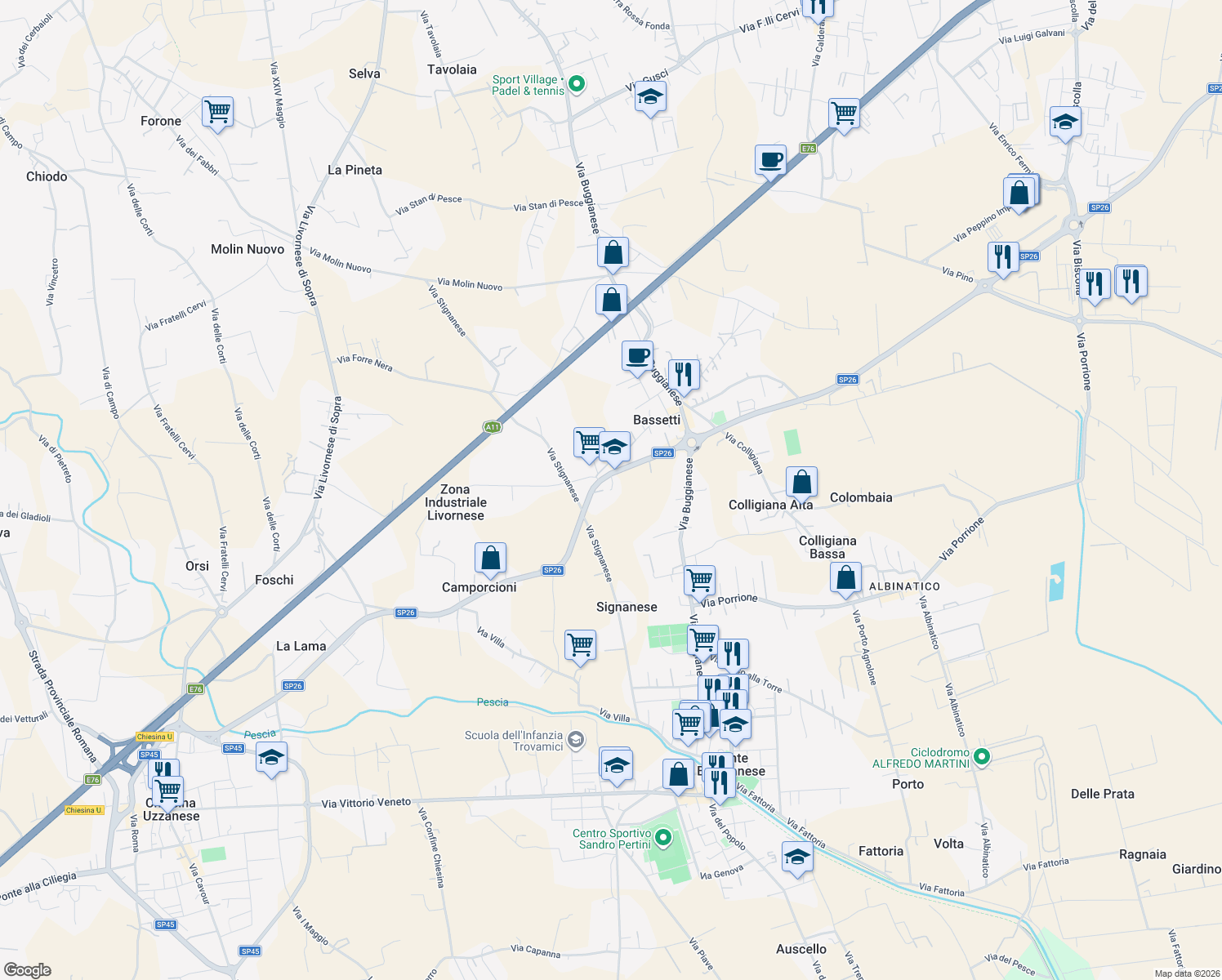 map of restaurants, bars, coffee shops, grocery stores, and more near 5B Via Camporcioni in Province of Pistoia