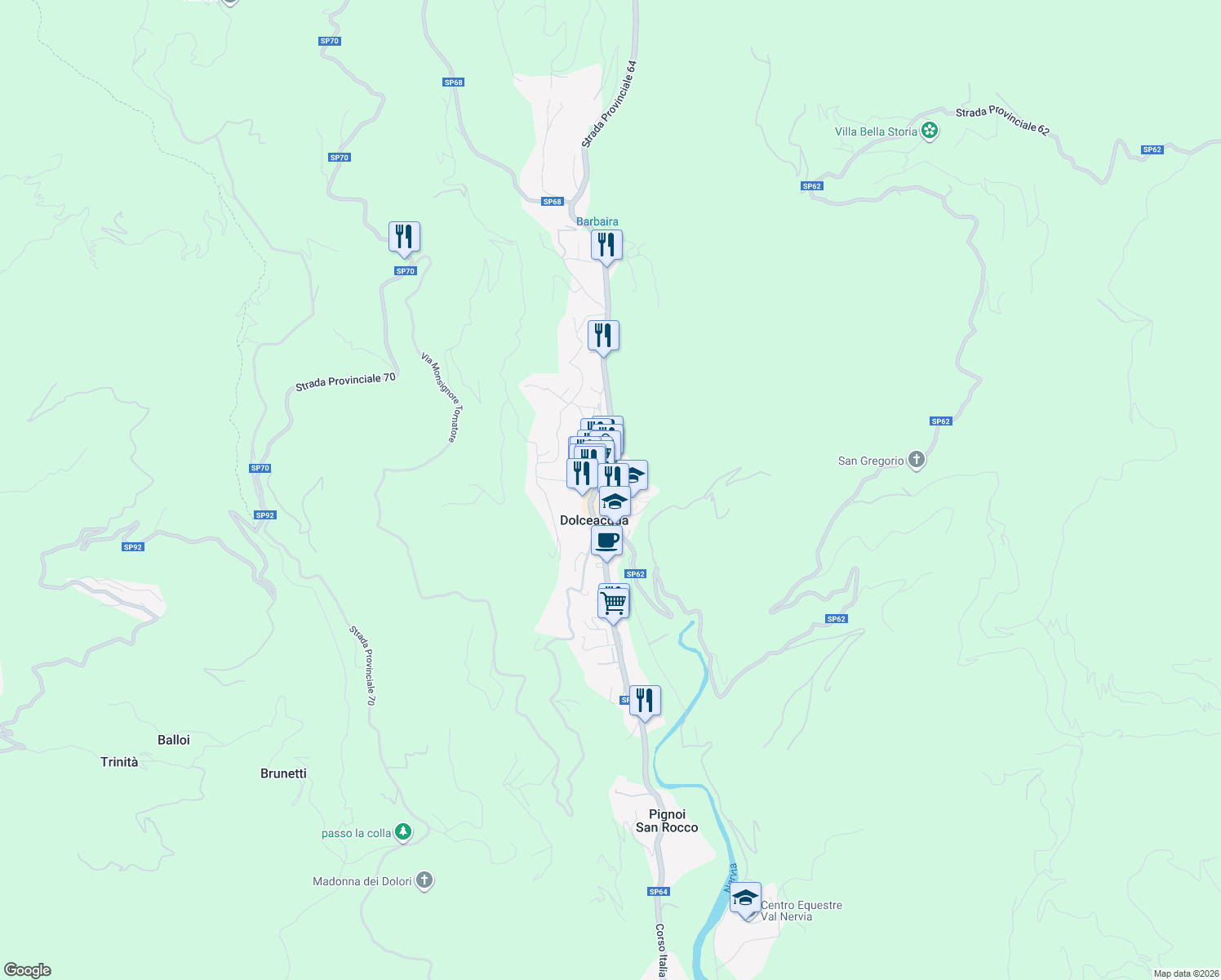 map of restaurants, bars, coffee shops, grocery stores, and more near 14 Via Monsignor Giuseppe Laura in Dolceacqua
