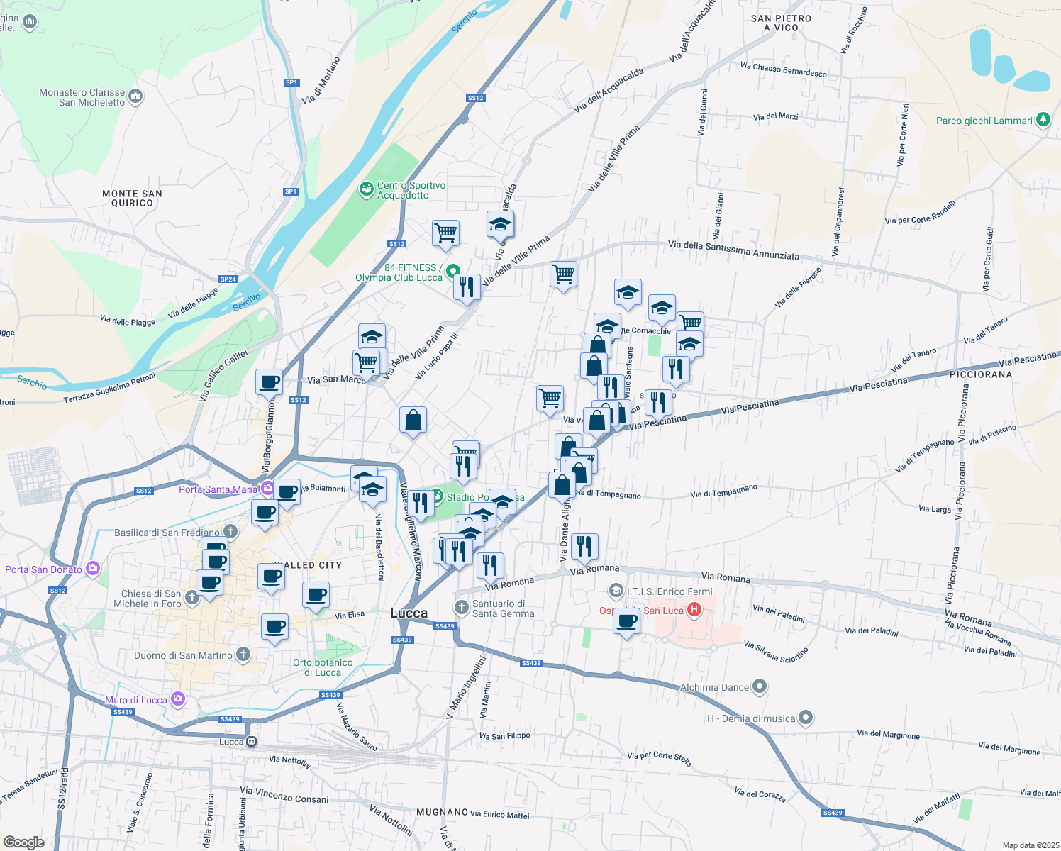 map of restaurants, bars, coffee shops, grocery stores, and more near 215 Via Vecchia Pesciatina in Lucca