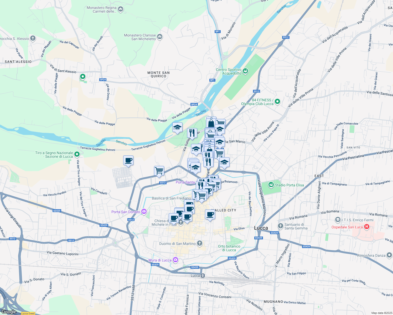 map of restaurants, bars, coffee shops, grocery stores, and more near 30 Via delle Tagliate di San Marco in Lucca