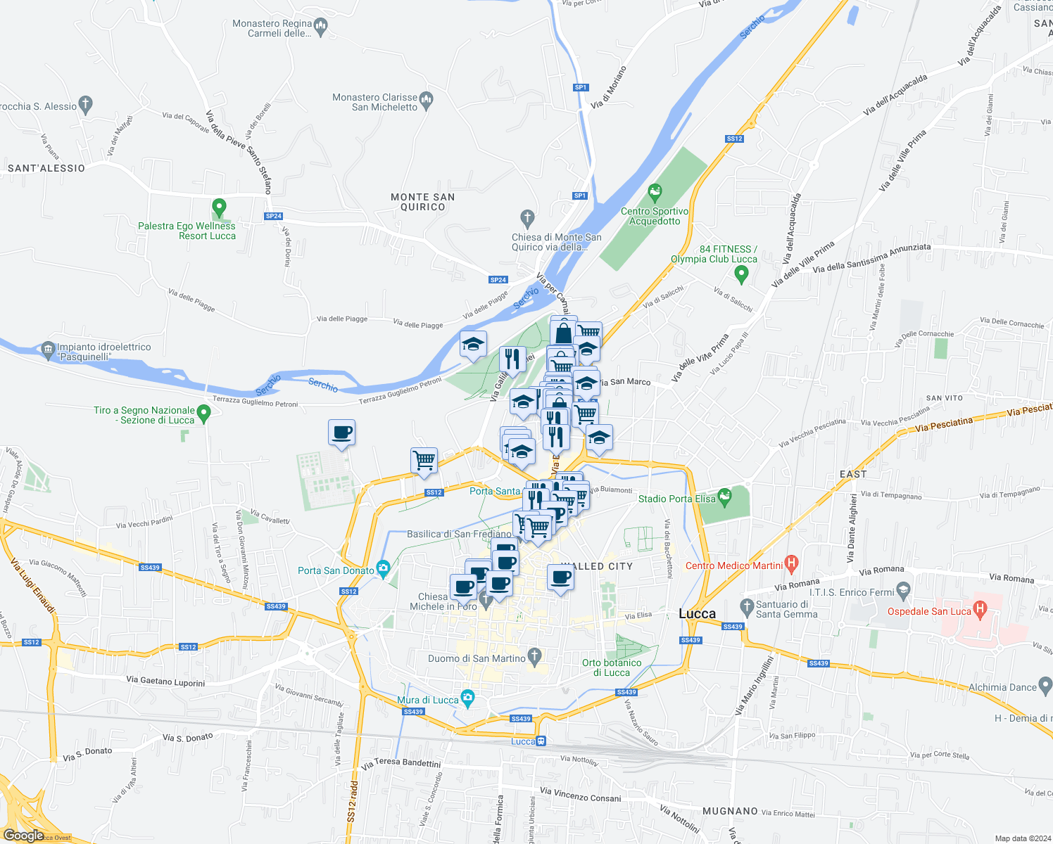 map of restaurants, bars, coffee shops, grocery stores, and more near 30 Via Tagliate di San Marco in Lucca