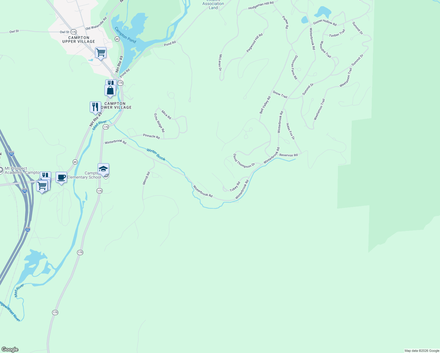 map of restaurants, bars, coffee shops, grocery stores, and more near 63 Tobey Road in Campton