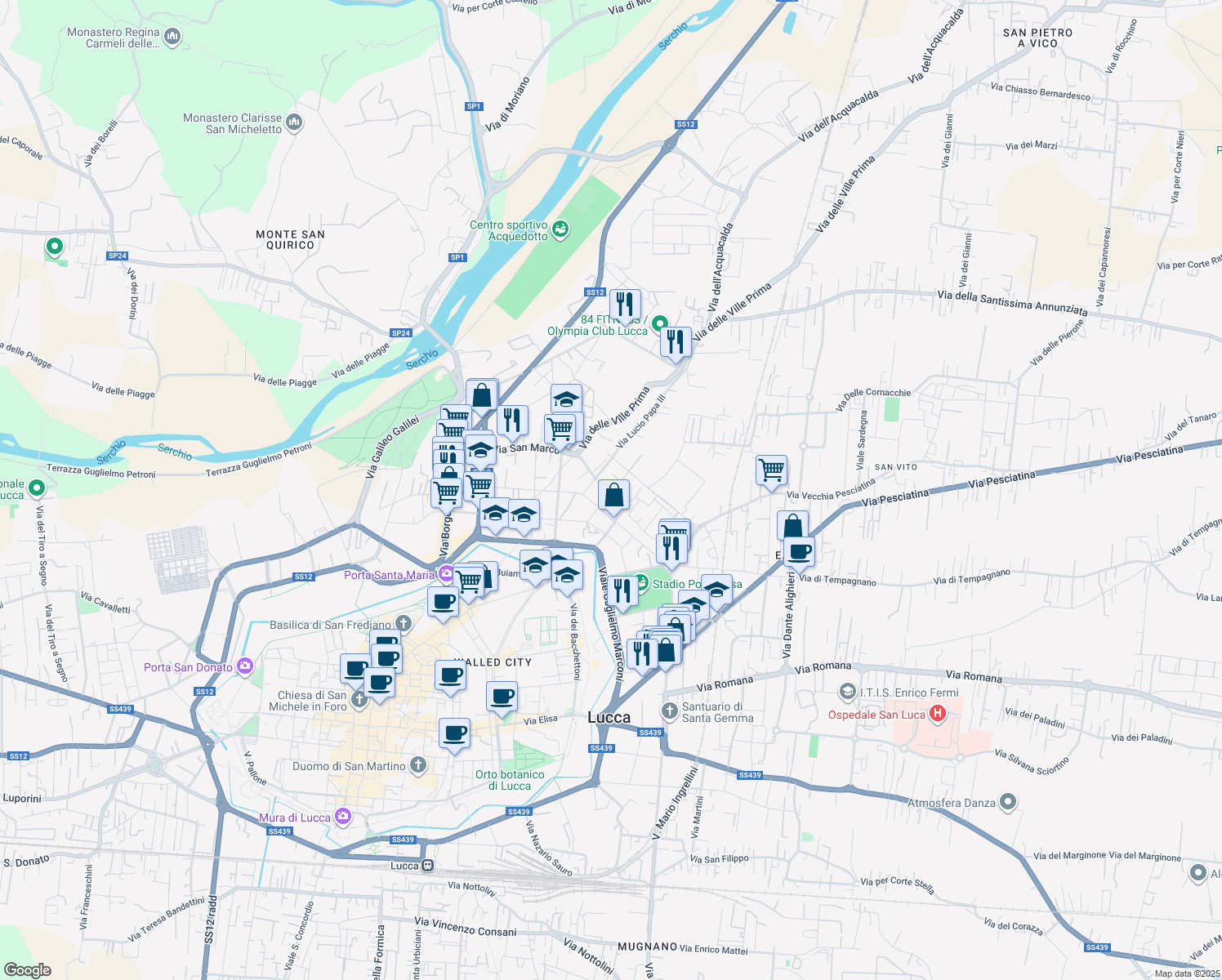 map of restaurants, bars, coffee shops, grocery stores, and more near Via Ospedale in Lucca