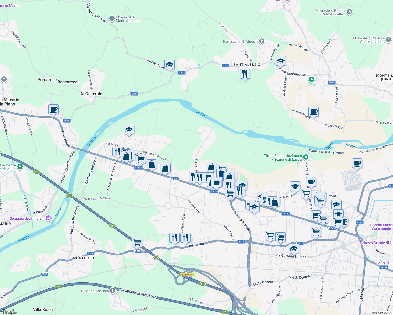 map of restaurants, bars, coffee shops, grocery stores, and more near 266 Via del Palazzaccio in Lucca
