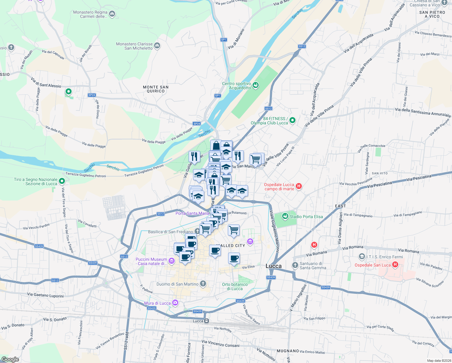 map of restaurants, bars, coffee shops, grocery stores, and more near 39 Via Augusto Passaglia in Lucca