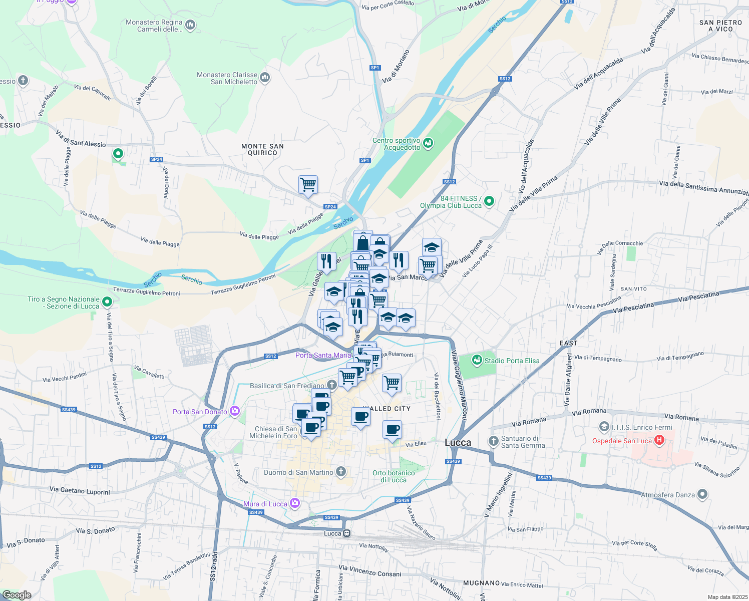 map of restaurants, bars, coffee shops, grocery stores, and more near 207-357 SS12 in Lucca