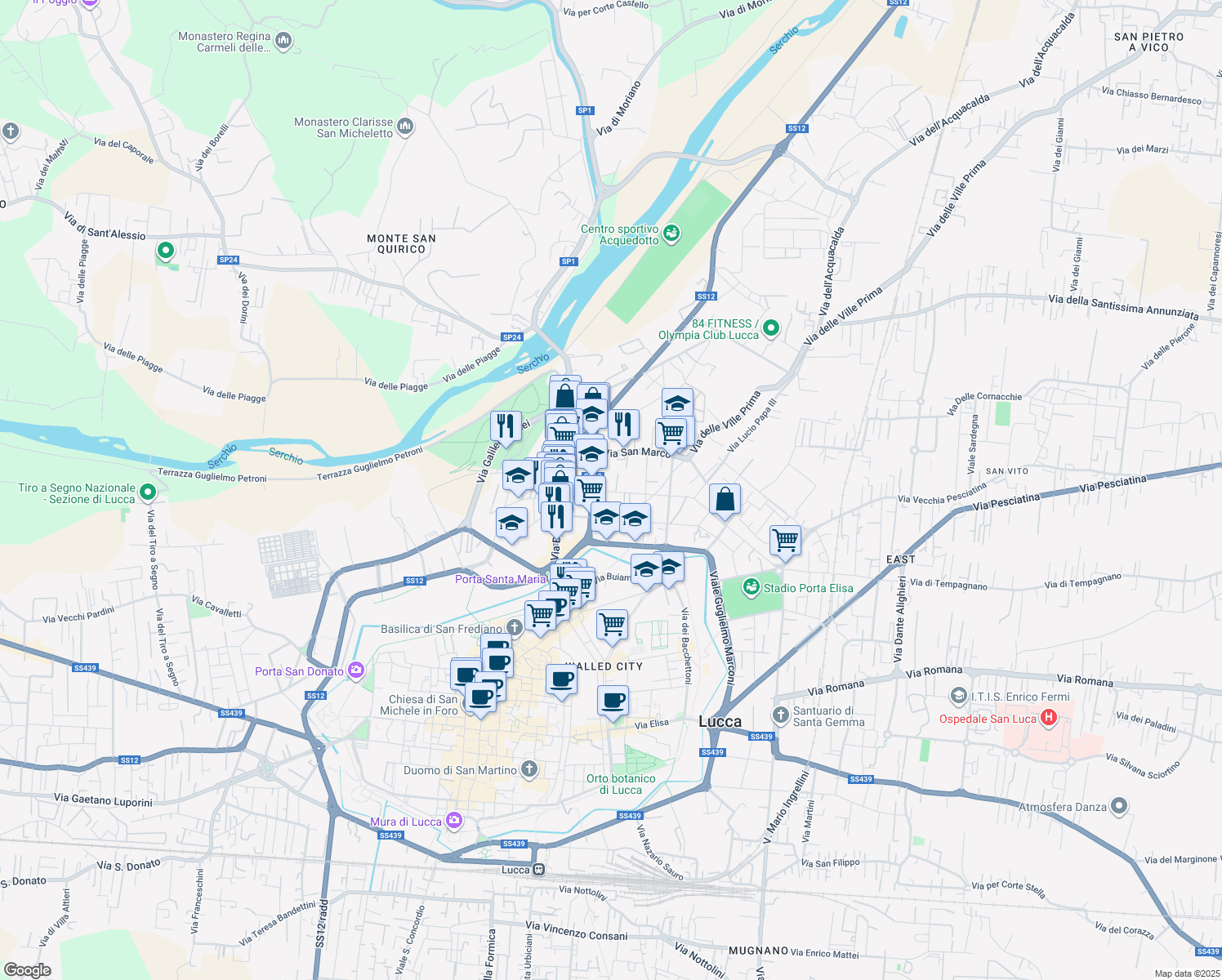 map of restaurants, bars, coffee shops, grocery stores, and more near 78 Via B. Berlinghieri in Lucca