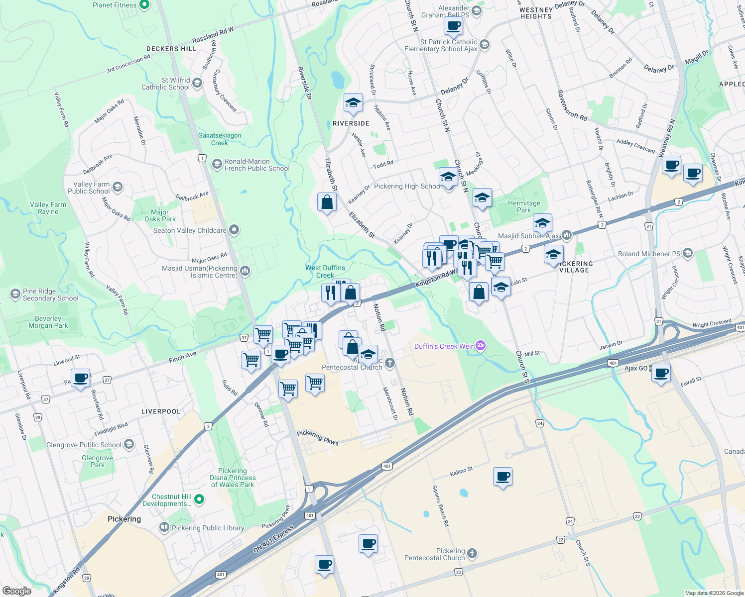 map of restaurants, bars, coffee shops, grocery stores, and more near 1898 Kingston Rd in Pickering