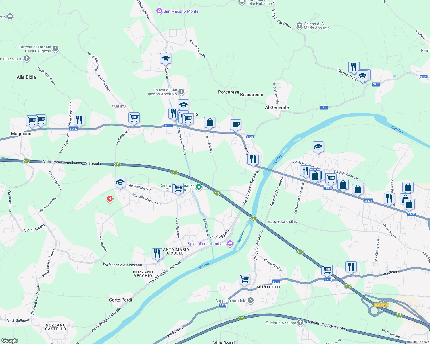 map of restaurants, bars, coffee shops, grocery stores, and more near 409 Via di Mezzo II in Lucca