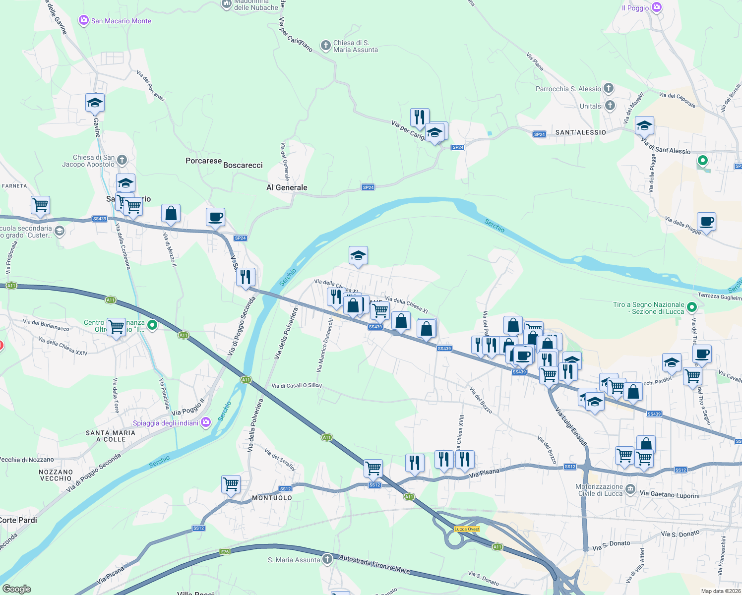 map of restaurants, bars, coffee shops, grocery stores, and more near 593/A Via della Chiesa XI in Lucca