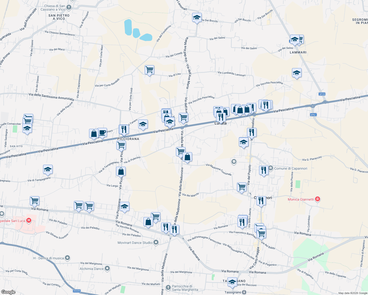 map of restaurants, bars, coffee shops, grocery stores, and more near 19 Via della Madonnina in Capannori