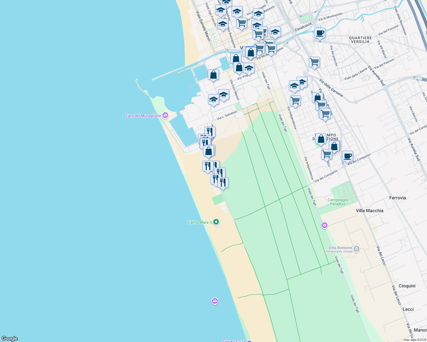 map of restaurants, bars, coffee shops, grocery stores, and more near 95 Viale Europa in Lido di Camaiore