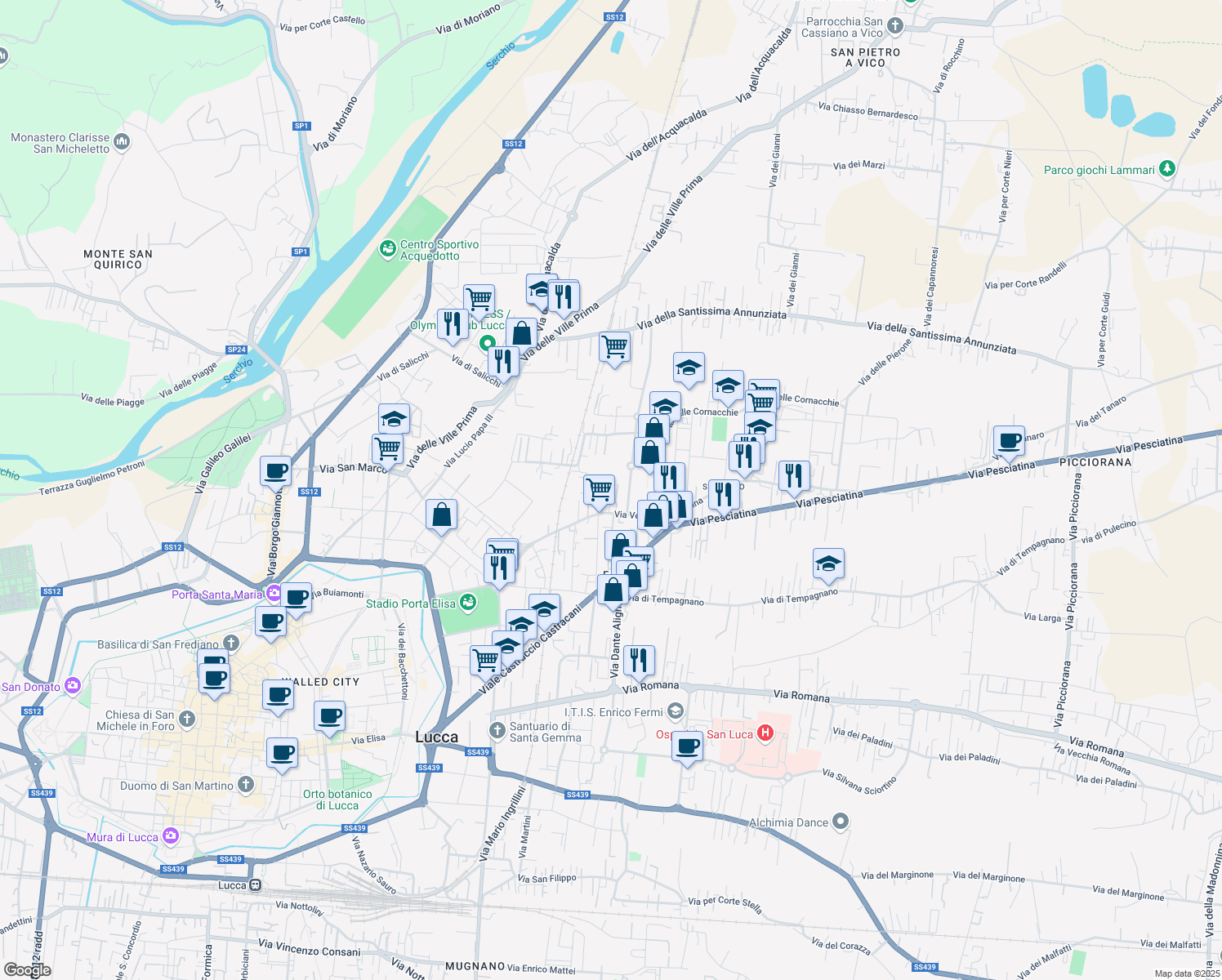 map of restaurants, bars, coffee shops, grocery stores, and more near 84 Traversa II Via Vecchia Pesciatina in Lucca