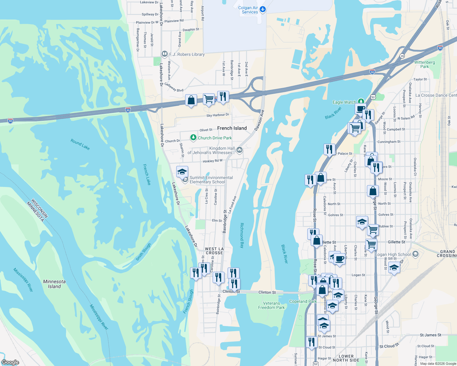 map of restaurants, bars, coffee shops, grocery stores, and more near 1804 Bainbridge Street in La Crosse