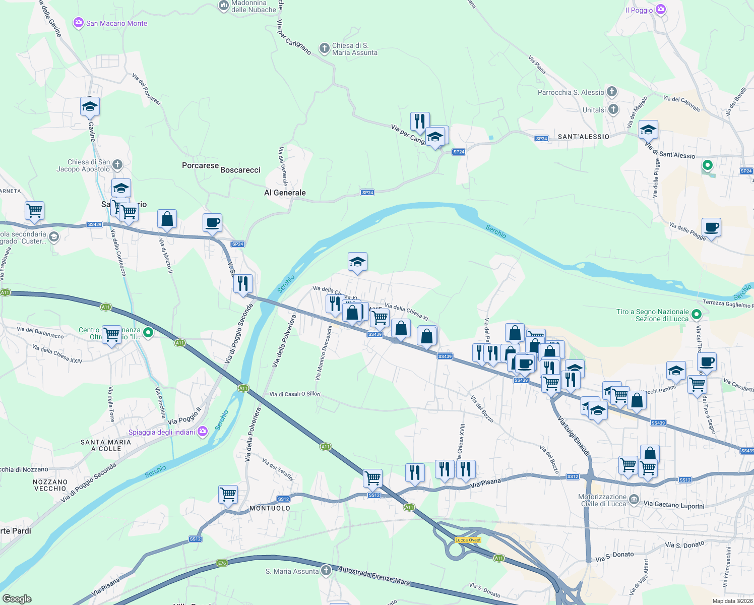 map of restaurants, bars, coffee shops, grocery stores, and more near 593 Via della Chiesa XI in Lucca
