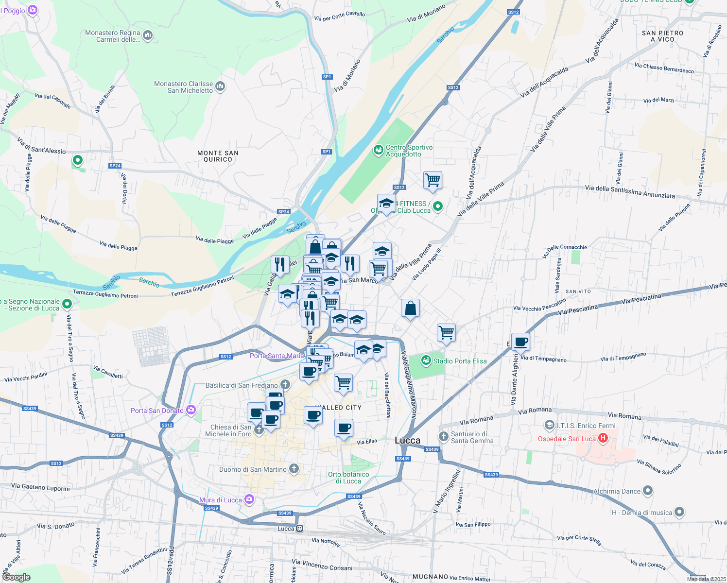 map of restaurants, bars, coffee shops, grocery stores, and more near 272 Via Pietro Paolini in Lucca
