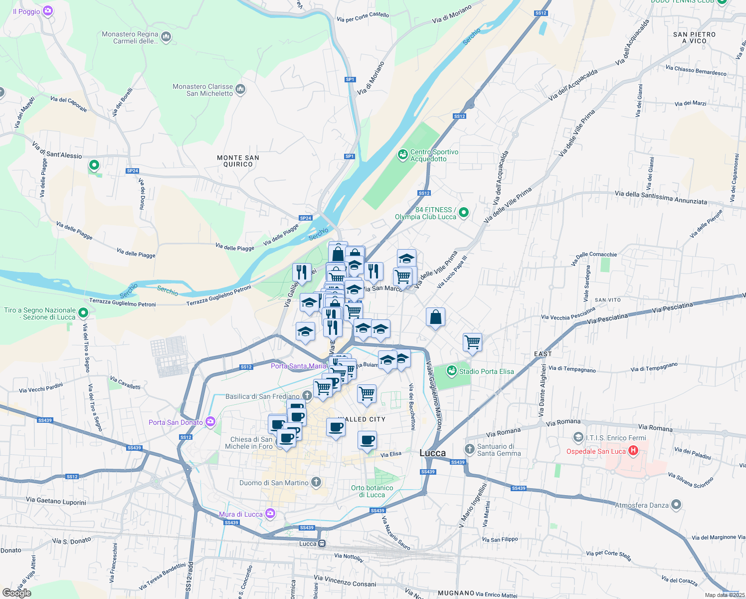 map of restaurants, bars, coffee shops, grocery stores, and more near 78 Via B. Berlinghieri in Lucca