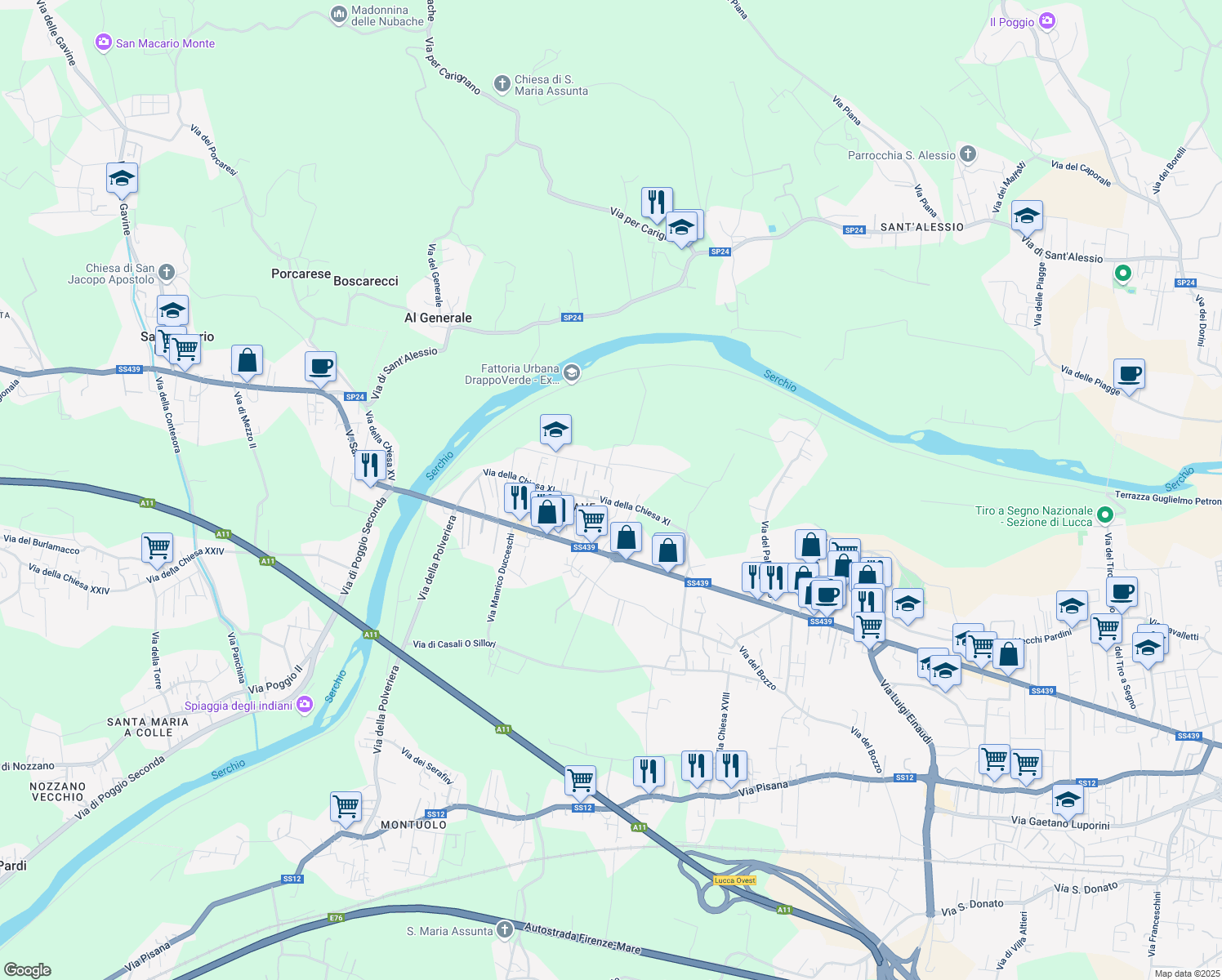 map of restaurants, bars, coffee shops, grocery stores, and more near 454 Via dei Lippi Bassi in Lucca