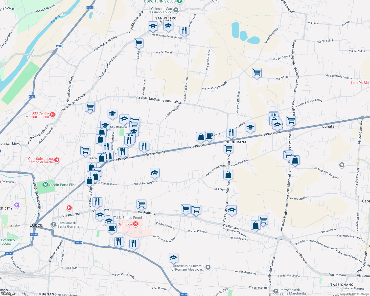map of restaurants, bars, coffee shops, grocery stores, and more near 258 Via del Tanaro in Lucca
