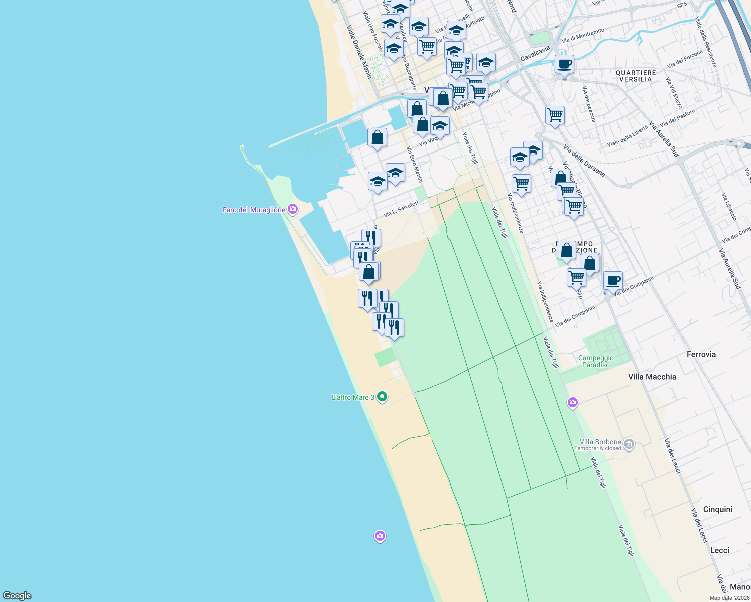 map of restaurants, bars, coffee shops, grocery stores, and more near 95 Viale Europa in Lido di Camaiore