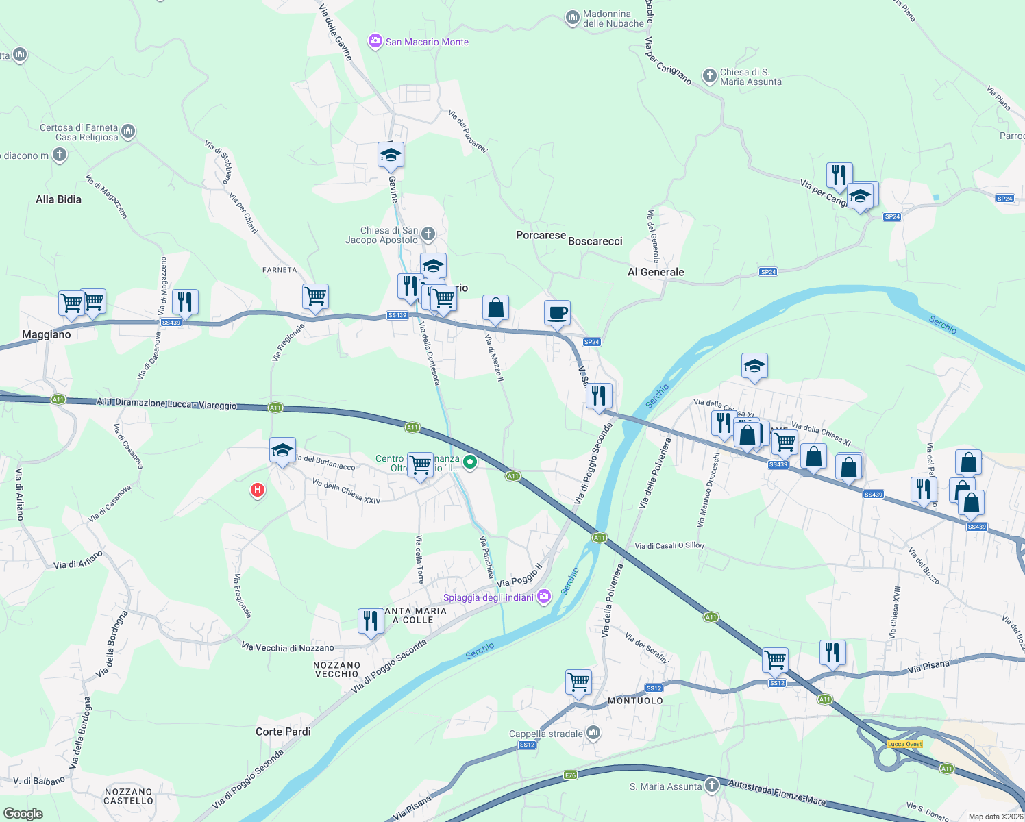 map of restaurants, bars, coffee shops, grocery stores, and more near 409 Via di Mezzo II in Lucca