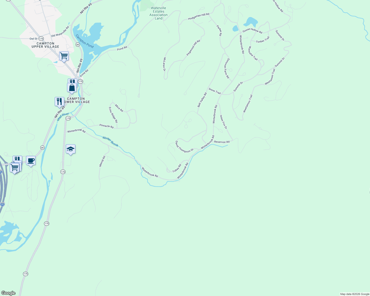 map of restaurants, bars, coffee shops, grocery stores, and more near 36 David Thompson Drive in Campton