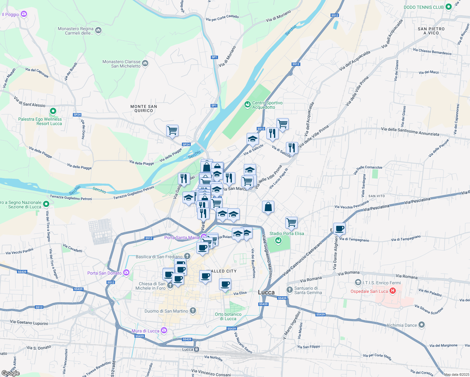 map of restaurants, bars, coffee shops, grocery stores, and more near 180 Via Italico e Quirino Baccelli in Lucca
