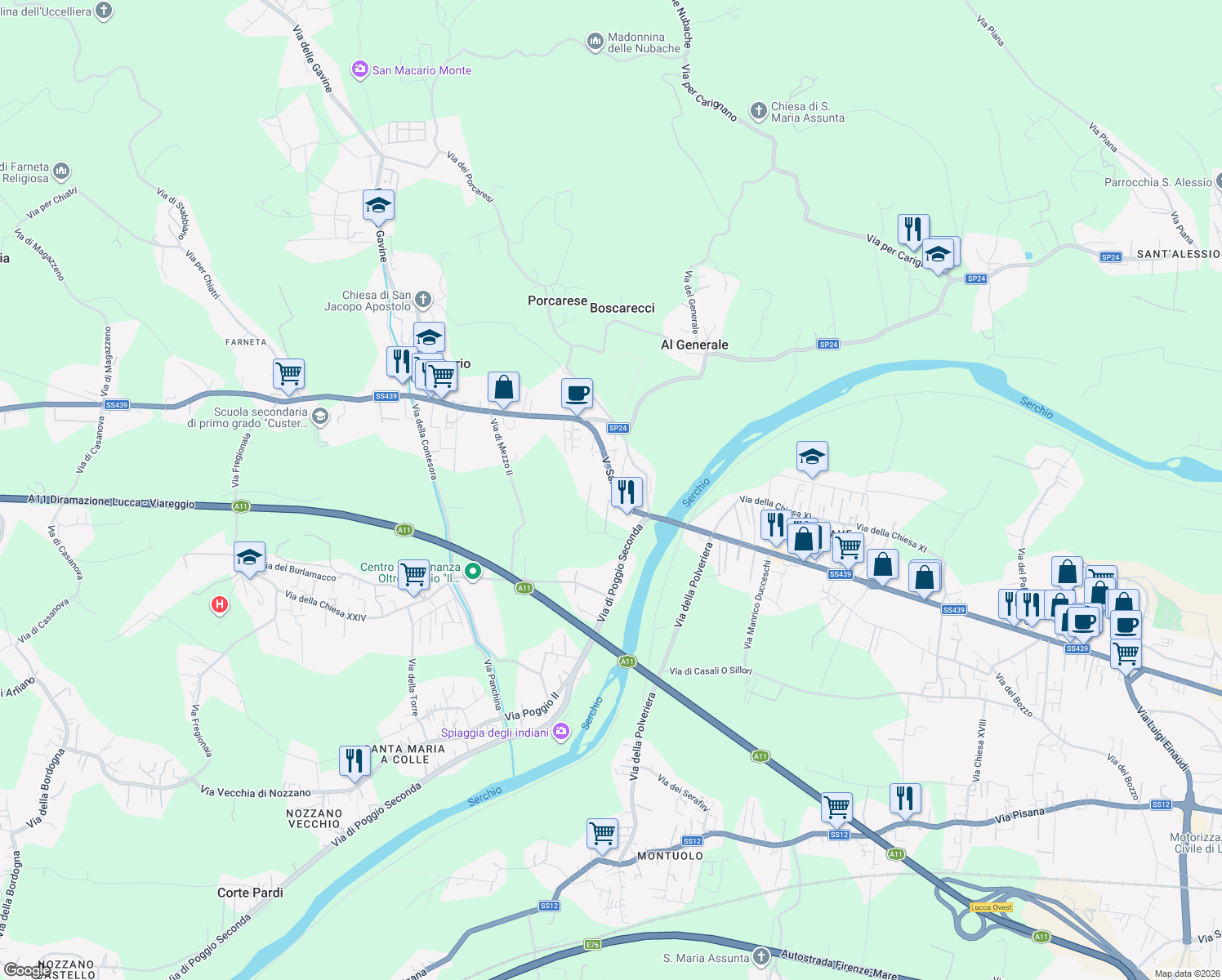map of restaurants, bars, coffee shops, grocery stores, and more near 1821 Via Sarzanese in Lucca
