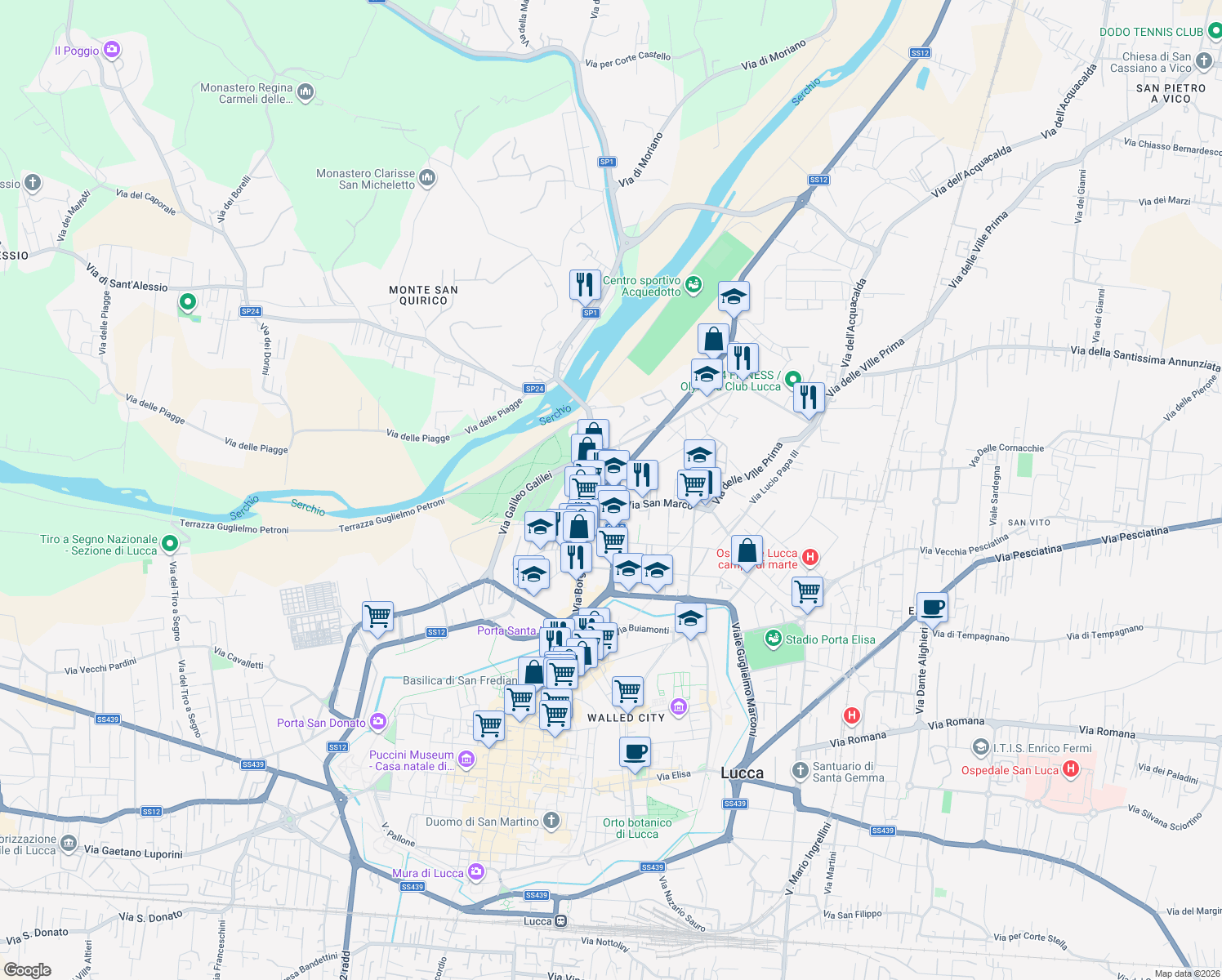 map of restaurants, bars, coffee shops, grocery stores, and more near 445 Via Matteo Civitali in Lucca