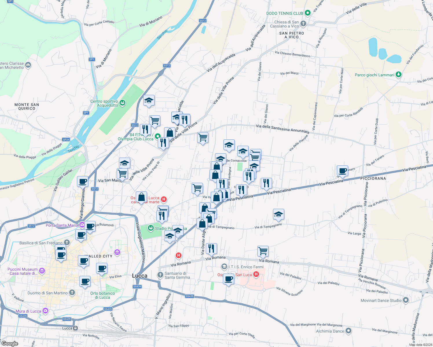 map of restaurants, bars, coffee shops, grocery stores, and more near 965 Via Cornacchie in Lucca