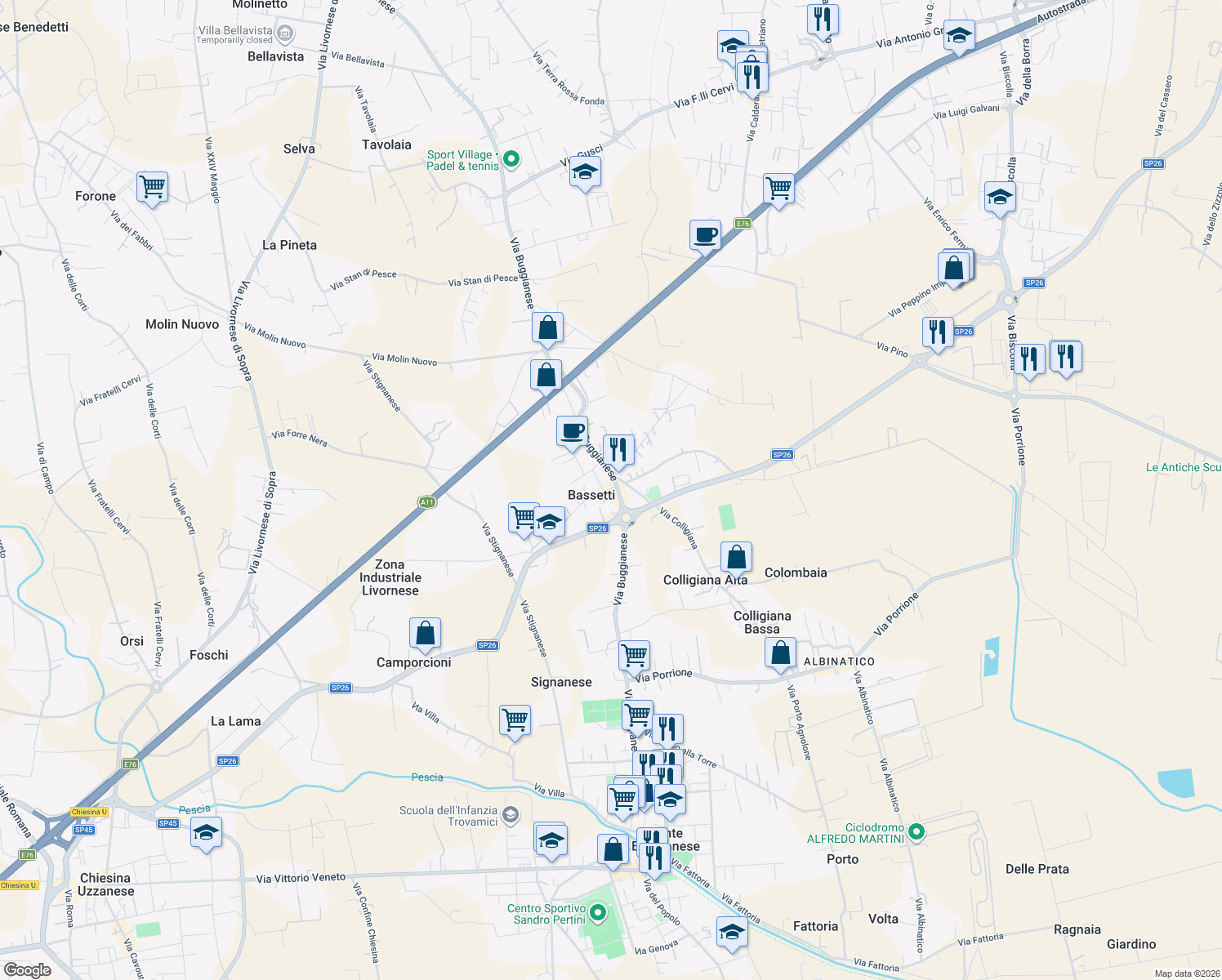 map of restaurants, bars, coffee shops, grocery stores, and more near 3 Via Vecchia Camporcioni in Ponte Buggianese
