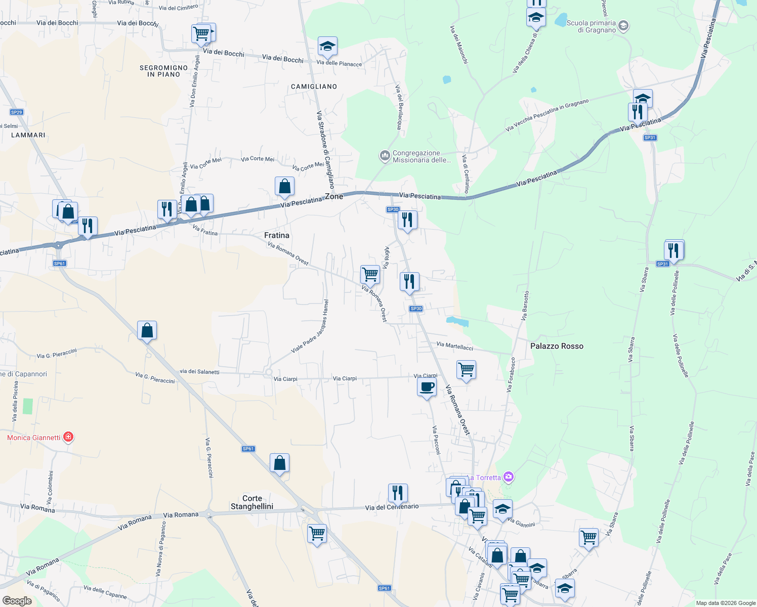 map of restaurants, bars, coffee shops, grocery stores, and more near 253 Via Romana Ovest in Porcari
