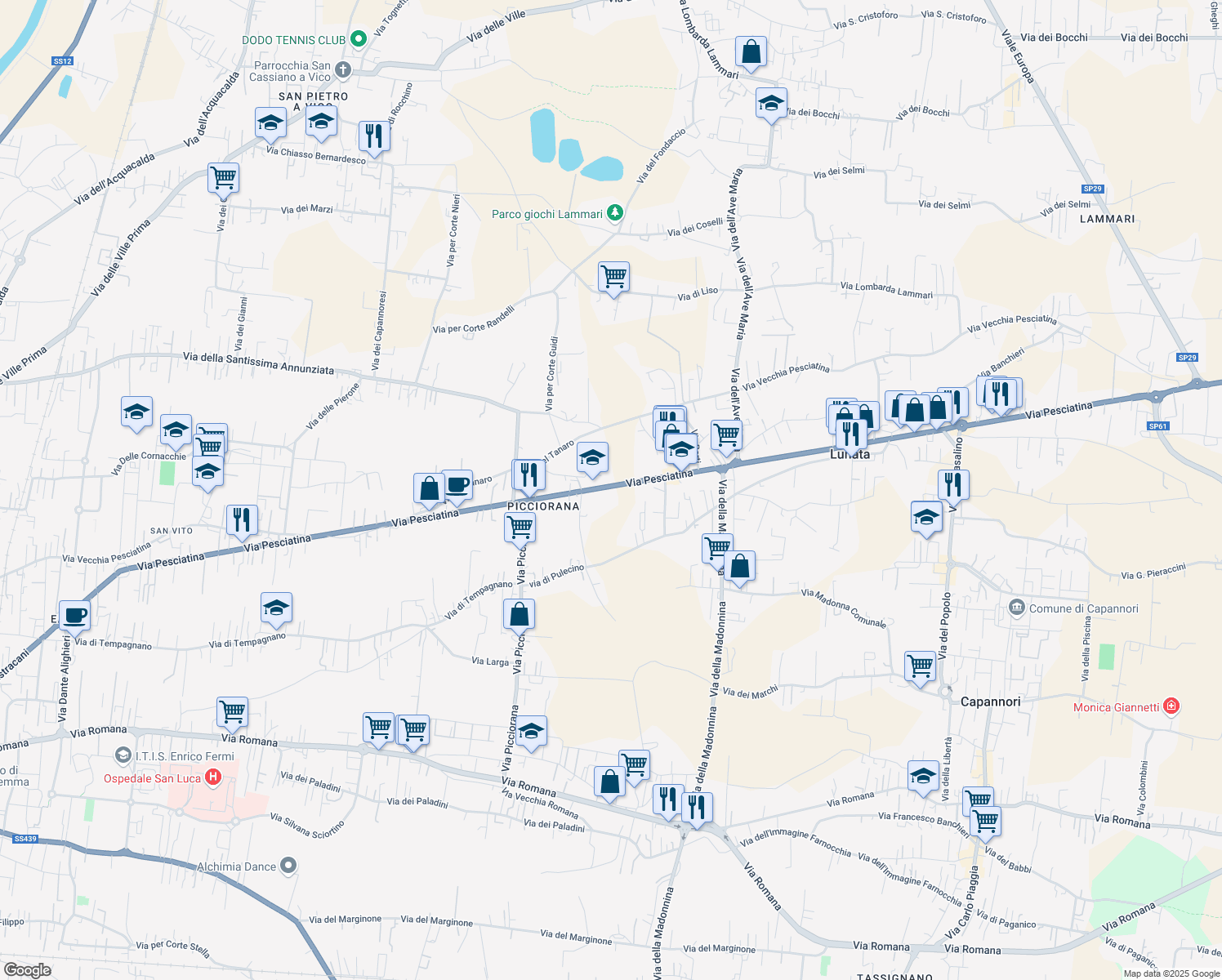 map of restaurants, bars, coffee shops, grocery stores, and more near 2068 Via Pesciatina in Lucca