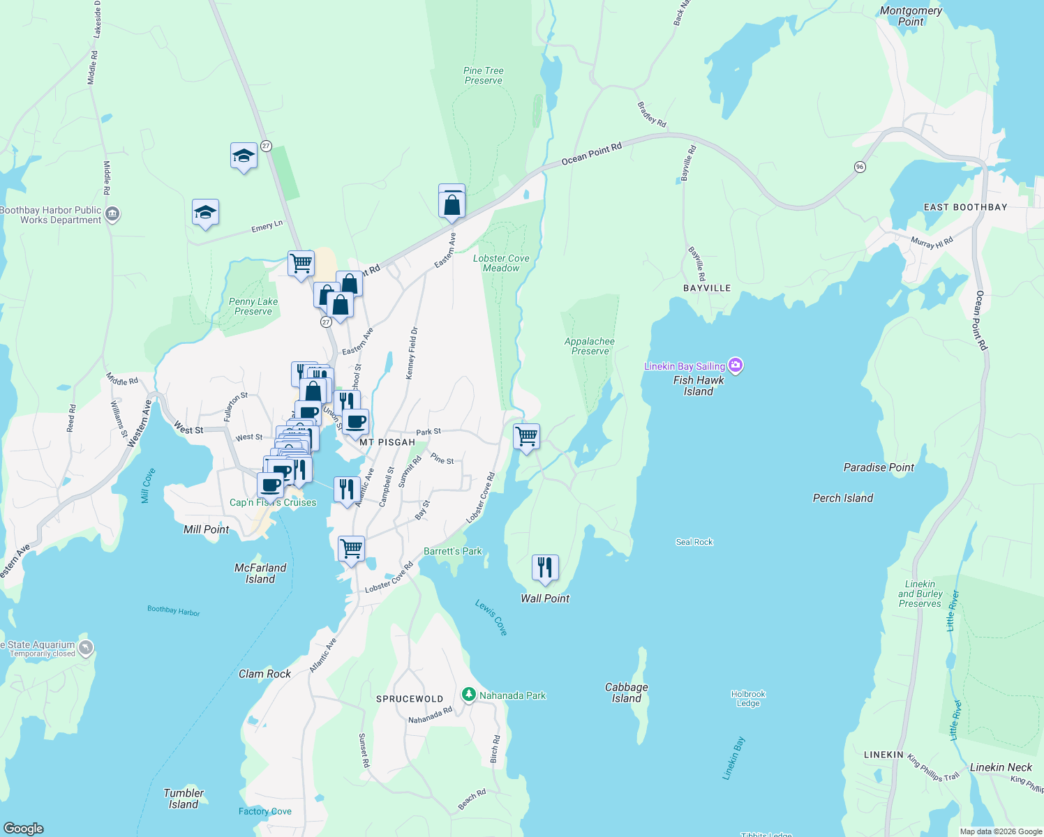 map of restaurants, bars, coffee shops, grocery stores, and more near 146 Lobster Cove Rd in Boothbay Harbor