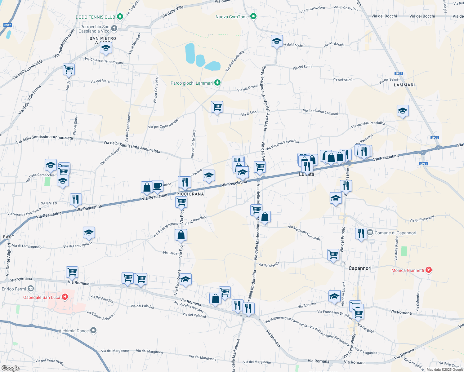 map of restaurants, bars, coffee shops, grocery stores, and more near Strada Statale 435 Pesciatina in Lucca