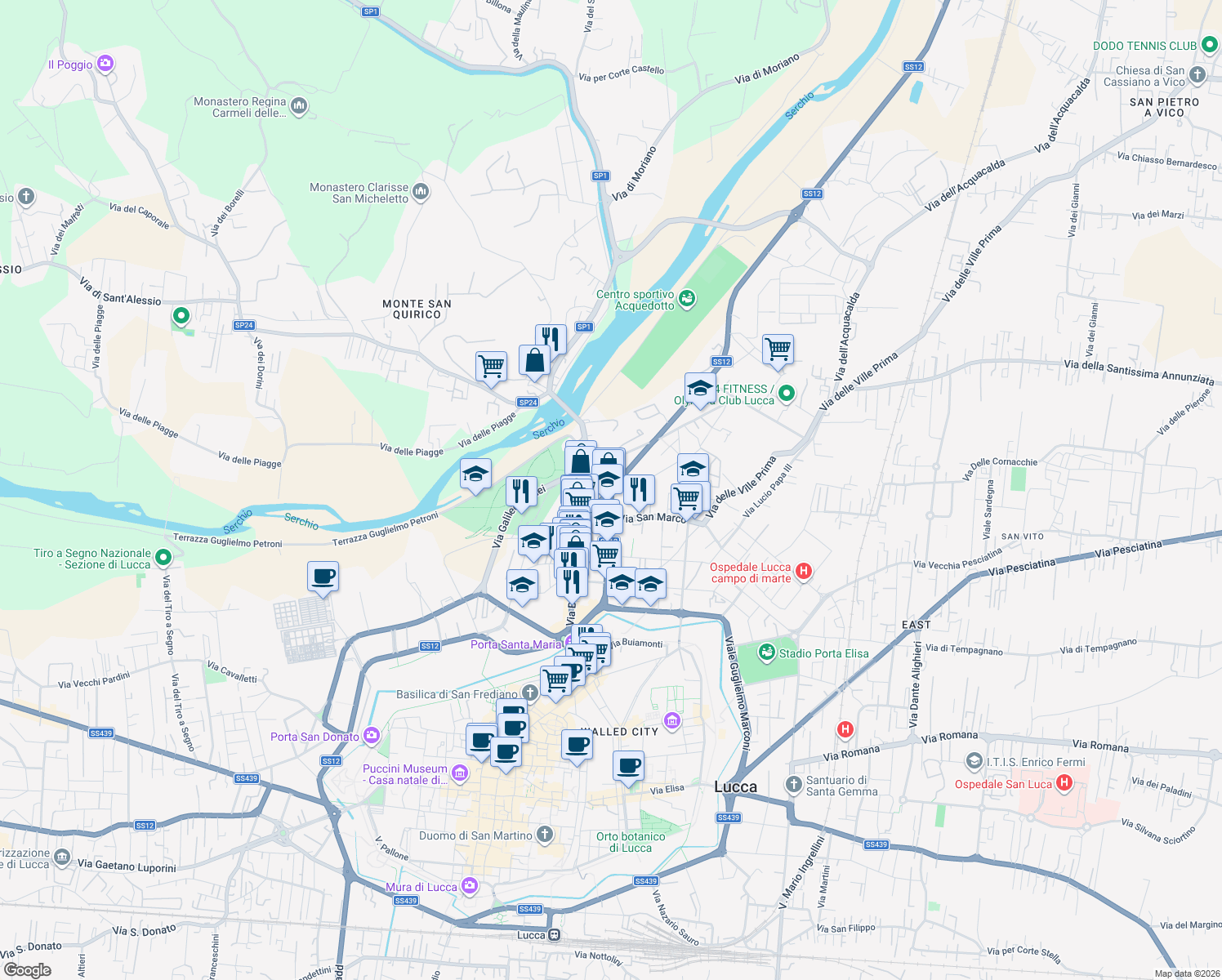 map of restaurants, bars, coffee shops, grocery stores, and more near 445 Via Matteo Civitali in Lucca