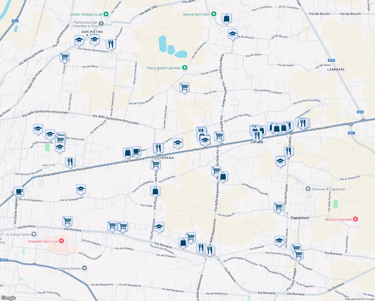 map of restaurants, bars, coffee shops, grocery stores, and more near 2068 Via Pesciatina in Lucca